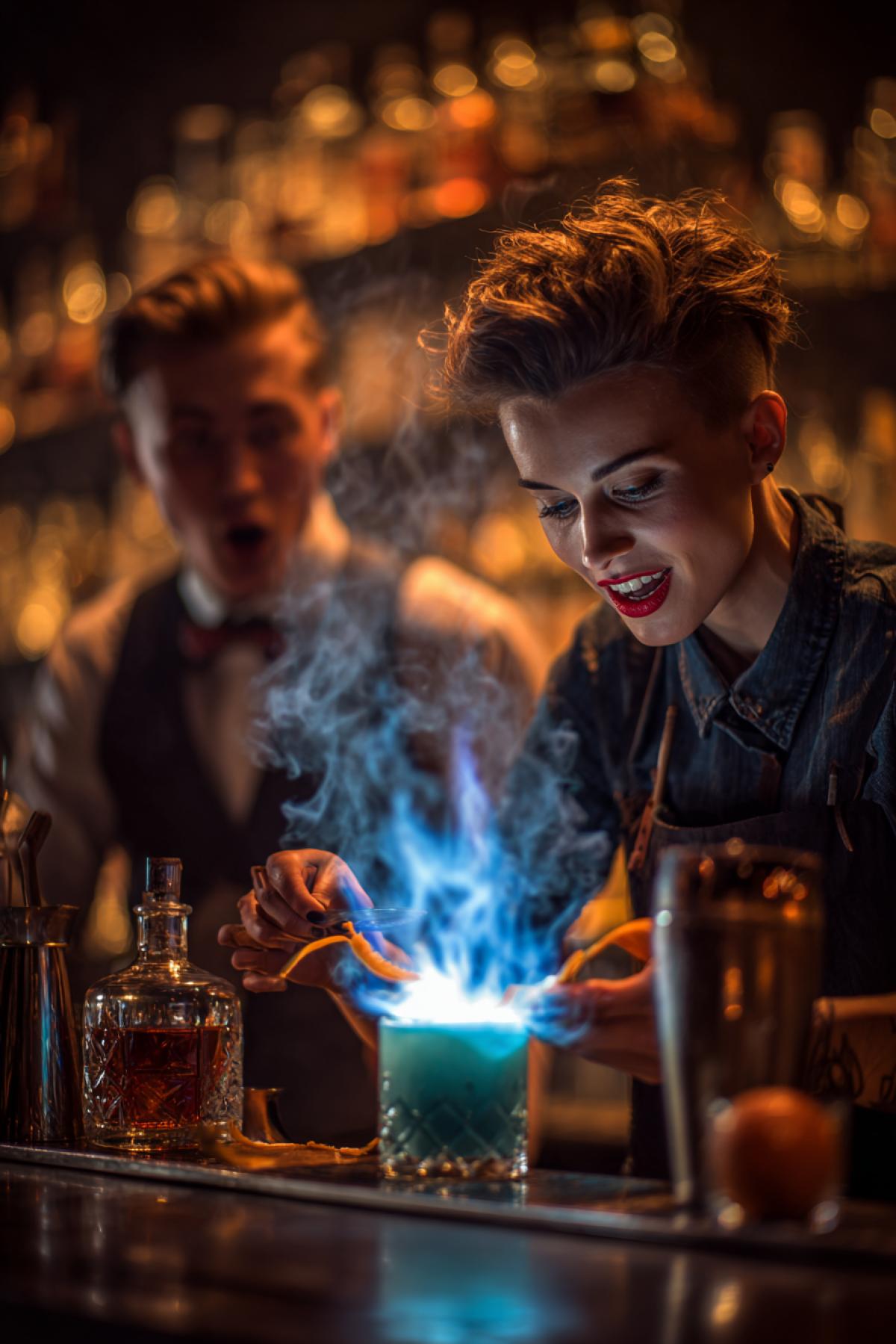 A dynamic low-angle photorealistic shot of a cool, smirking female bartender with a sharp undercut hairstyle. She is confidently igniting a bright blue flame in a cocktail glass, while simultaneously using a citrus zester to send a perfect spiral of orange peel elegantly curling through the air. Behind her, a slightly wide-eyed customer watches, his jaw dropped in comedic awe. The bar is a jewel box of moody lighting: deep amber backlight from the bottle shelves illuminates swirling smoke and catching the droplets on a chilled metal shaker. Reflections dance in the glass and his astonished glasses.