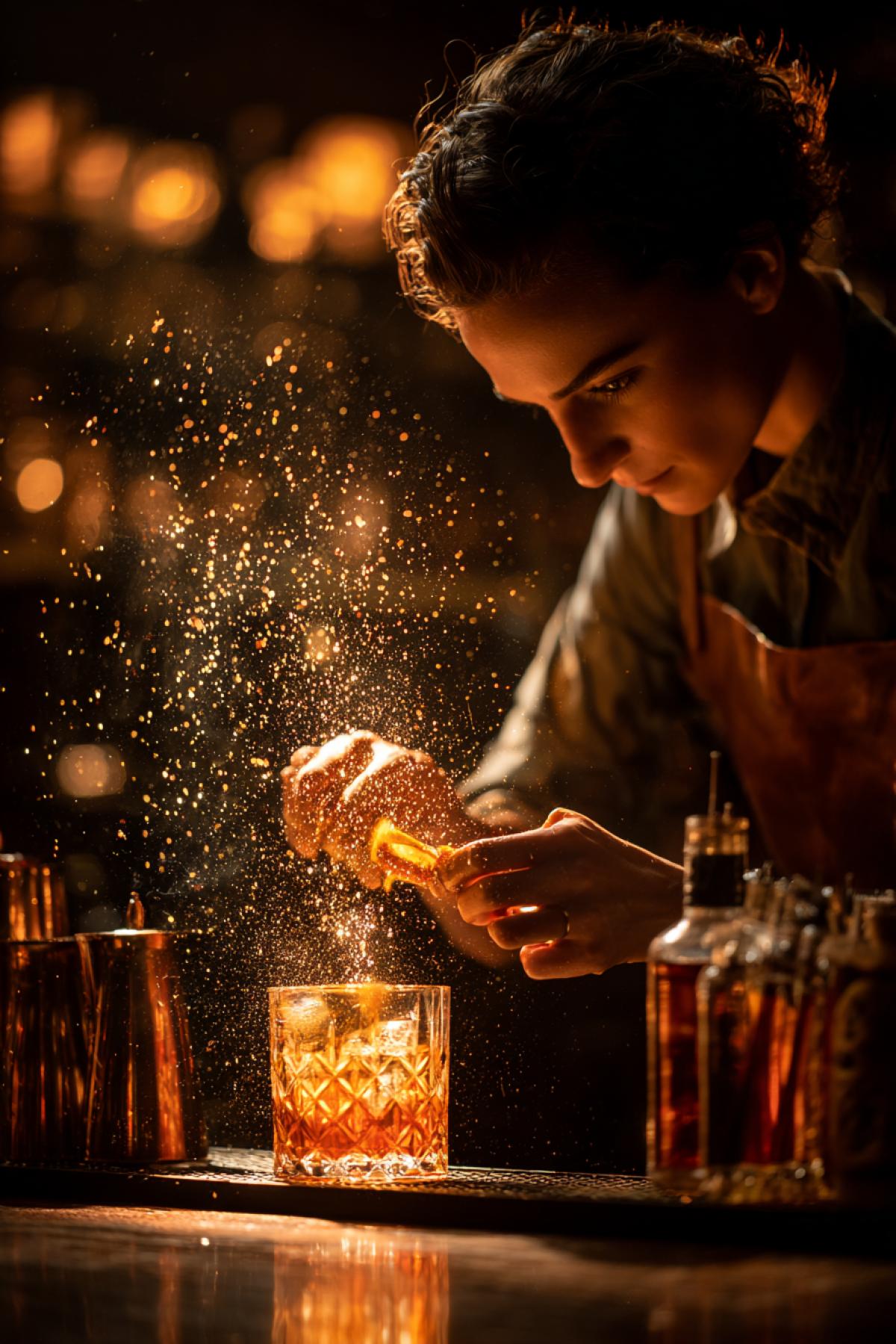A hyper-detailed, cinematic masterpiece shot of a stunning female mixologist in a stylish, 4k speakeasy bar. She is in a moment of intense focus, expertly flame-expressing a large twist of orange zest over a smoked old fashioned. A cascade of tiny oil droplets ignites in a brief, beautiful burst of flame above the glass. The scene is bathed in a Rembrandt-like chiaroscuro lighting: a single warm spotlight from above highlights the action, creating deep shadows and brilliant reflections in the polished wood, the crystal glass, and the hundreds of bottles on the back bar. Macro detail, visible texture of the ice, condensation on the glass, swirling smoke captured in a beam of light.