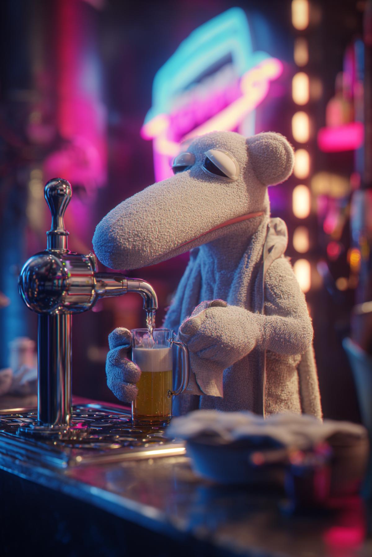 Anthropomorphic washstand with faucet-nose and terry towel-hands working as a bartender in a nightclub. The washstand wiping a glass with a towel. Beer flows from its faucet into a mug. Neon lighting, surreal atmosphere, anthropomorphic object, hyperrealistic, 8k.