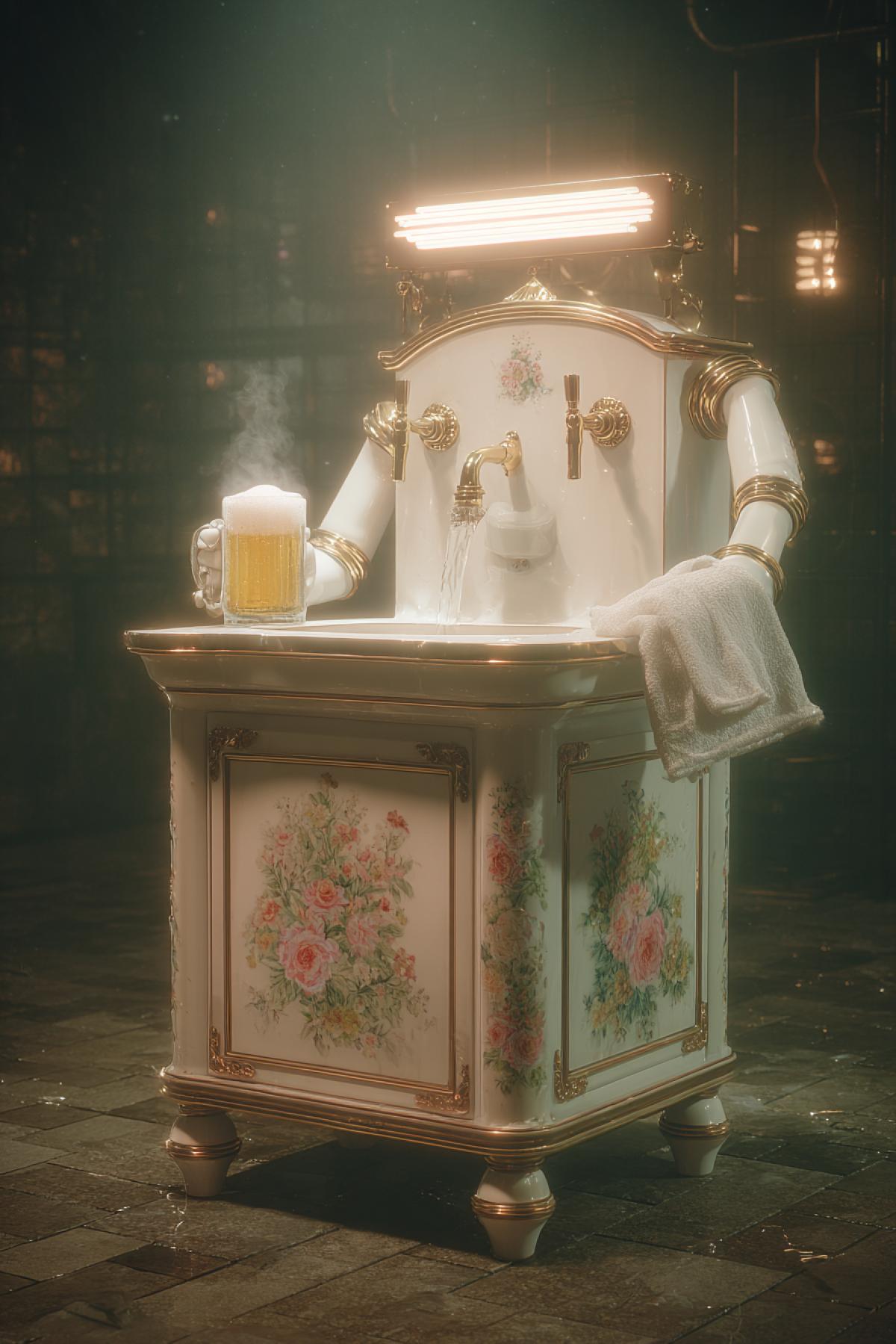 Anthropomorphic porcelain washstand with faucet-nose and handles-arms working as a bartender in a nightclub. Porcelain with floral patterns, classic Soviet bathroom aesthetic. The washstand wiping a glass with a towel. Beer flows from its faucet into a mug. Neon lighting, surreal atmosphere, anthropomorphic object, hyperrealistic, 8k
