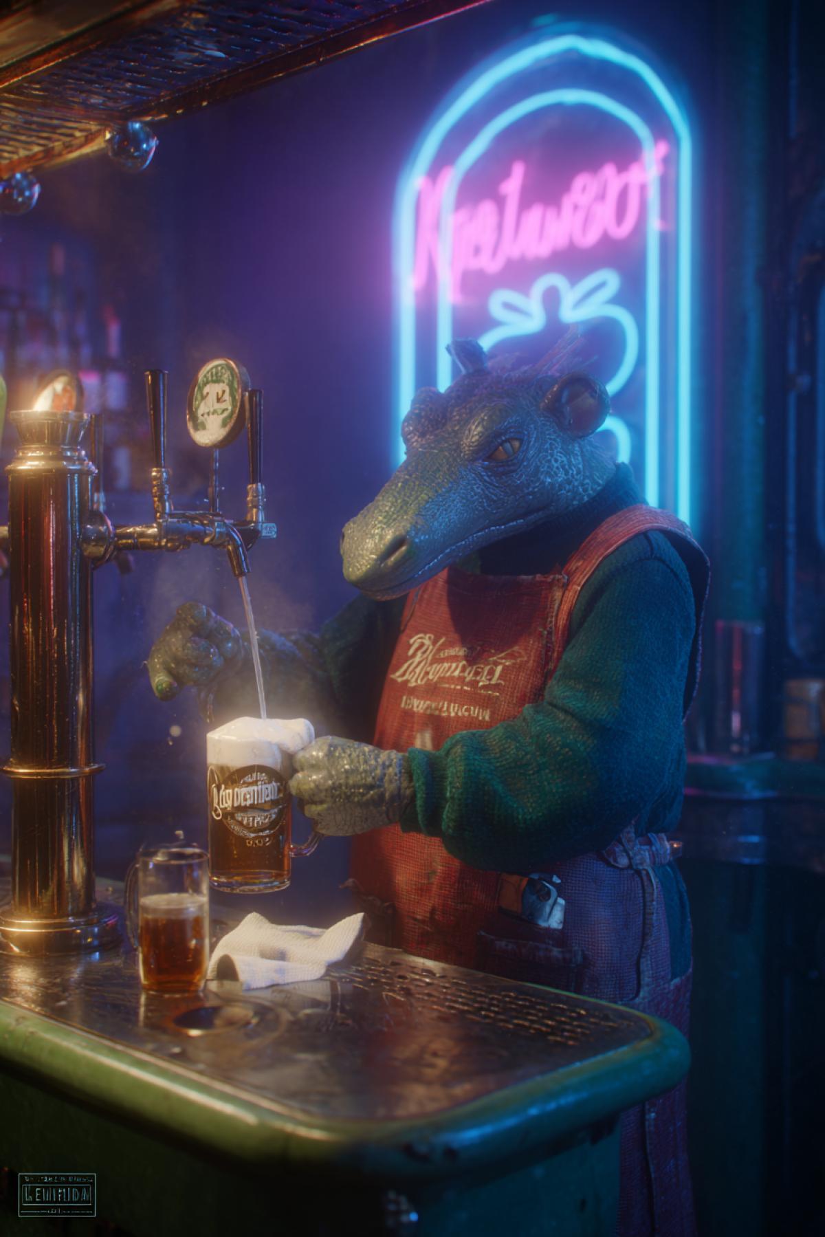 Moydodyr, the hero of Korney Chukovskys book, works as a bartender in a nightclub. Moydodyr stands behind the bar counter wiping a glass with a towel. Foamy beer flows from Moydodyrs faucet into a beer mug. Neon lighting, surreal atmosphere, anthropomorphic washstand, hyperrealistic, 8k.