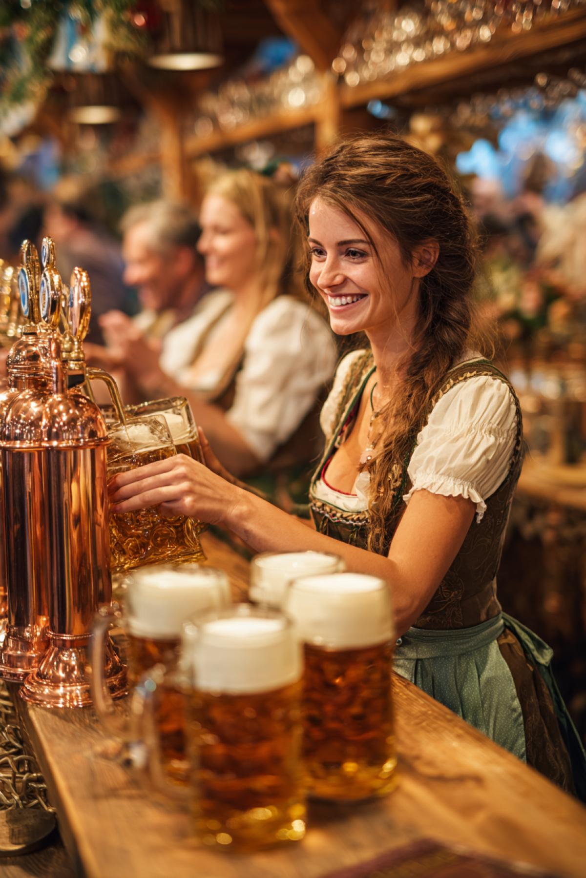 Oktoberfest. A powerful woman with lush forms as a bartender. She stands behind the bar counter and pours beer into beer mugs. Foam from beer rises over the edges of massive glass beer mugs. In the background, cheerful visitors in national costumes raise their mugs (slightly blurred). Copper beer taps with traditional Bavarian ornaments. She is pleased with the work of the bartender and smiles widely. Festive atmosphere, hyperrealistic, 8k, warm lighting, shallow depth of field.