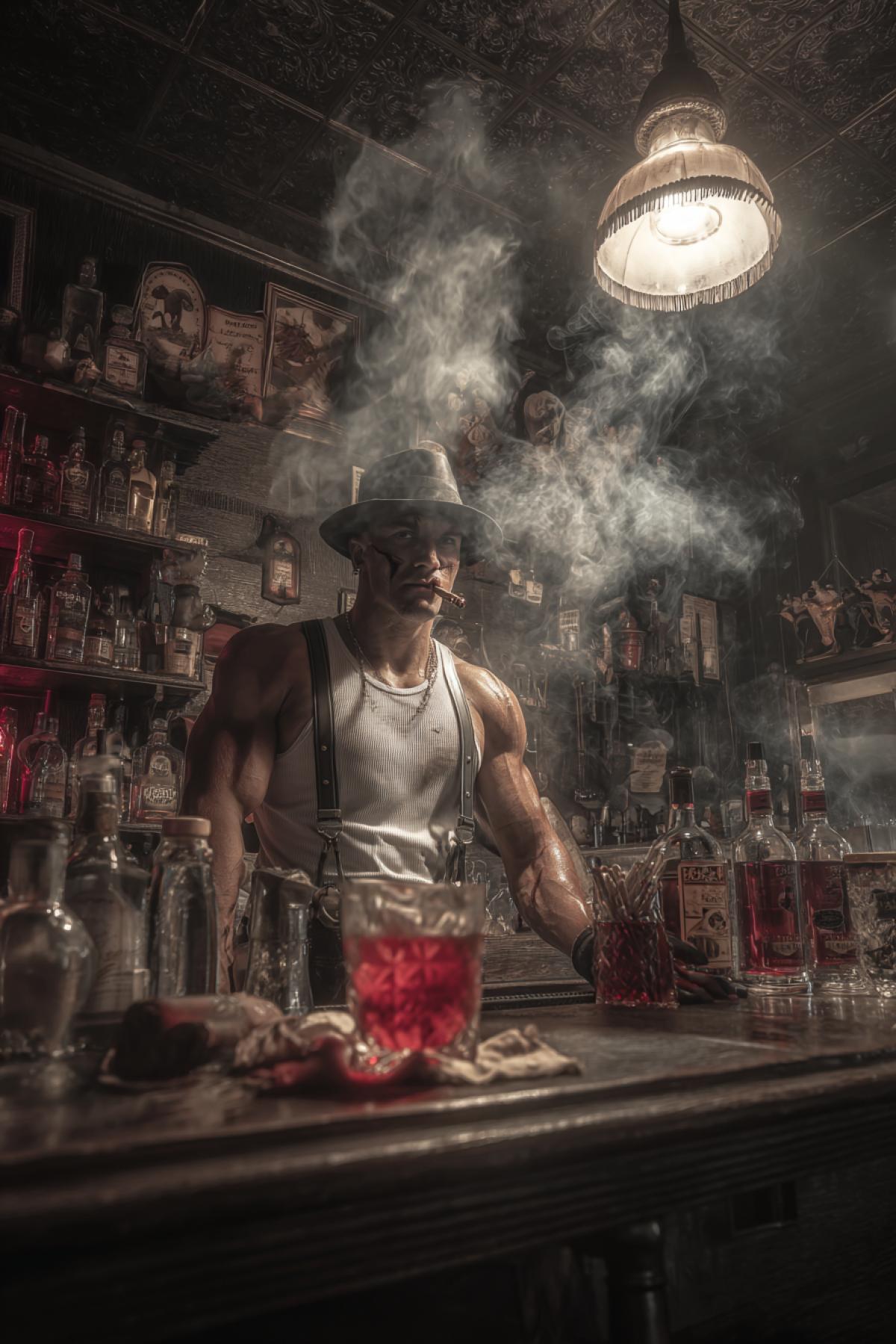 A dirty, smoke-filled American bar from the 1930s. Cigar smoke hangs in the air. In the center of attention, a bartender with a facial scar stands behind the bar counter. He is wearing a white tank top, suspenders, and a hat. Various cocktails are on the bar counter, with a red liquid Mary closest to the camera. Peeling wallpaper, dusty shelves with bottles, and a dim ceiling lamp. The bartenders expression is grim, he is wiping a glass with a rag. Moody lighting, hyperrealistic, 8k, film noir style. Color scheme: only shades of gray and red.