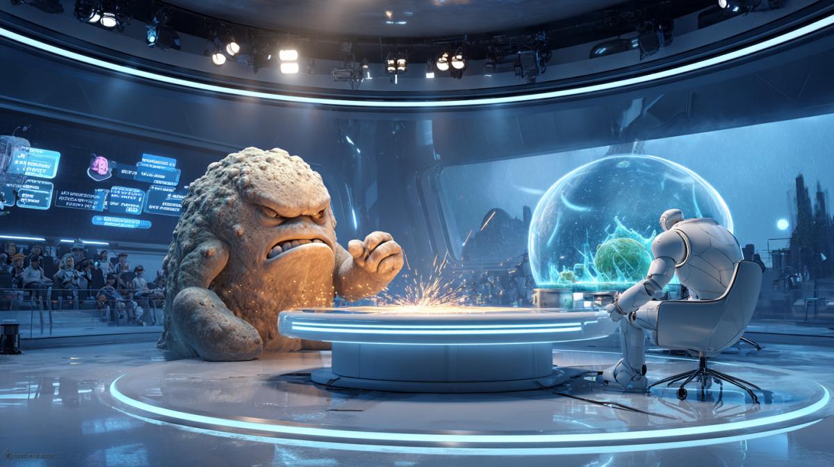 A dramatic, cinematic wide shot from a futuristic TV talk show studio \"Galaxy Tonight\". A sleek silver android host sits at a glowing round table, its face displaying a glitching, frustrated expression. It is trying to calm a massive, irate rock-like alien from a mineral planet, who is SLAMMING its crystalline fist on the table, sending light sparks flying. A third guest, a small, intelligent-looking aquatic alien in a floating water sphere, looks on with clear amusement. The studio is filled with holographic screens showing angry alien comments, with a live alien audience visible in the background. Dramatic studio lighting, volumetric light, hyper detailed, 8k.