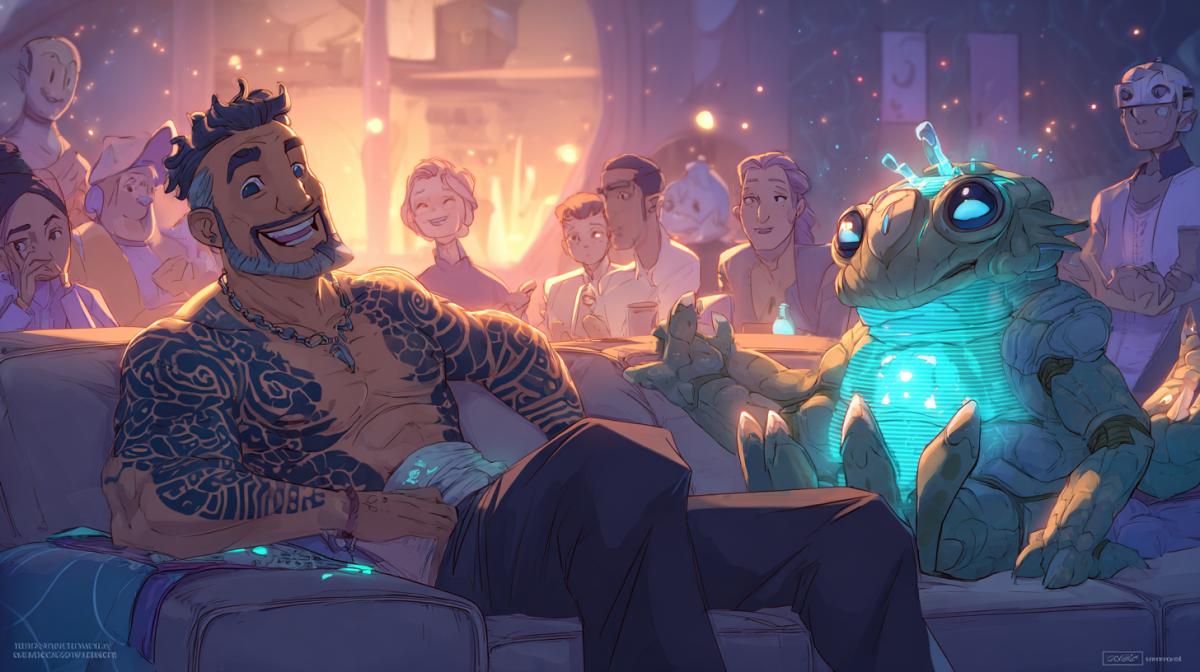 A warmly lit, vibrant scene from the popular interstellar talk show \"The Cosmic Couch\". The host, a charming humanoid with glowing tattoos and a warm smile, is leaning back, LAUGHING HEARTILY. He has just played a hilarious holographic prank on his guest, a dignified, insectoid alien ambassador. The ambassador, initially stern, is now unable to hold back a series of amused CLICKS and CHIRPS, its compound eyes twinkling. Another guest, a small, furry alien, is literally ROLLING with laughter on its seat. The cozy studio is filled with a diverse alien audience, all reacting with joy. Soft lighting, friendly atmosphere, sense of universal camaraderie.
