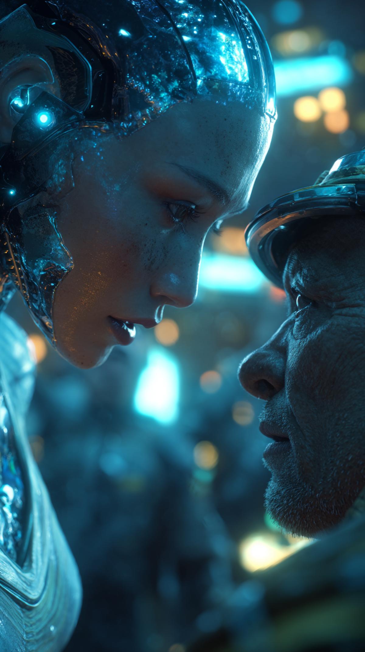 A stunning vertical cinematic shot, 4k close-up. A charismatic female android host with a shimmering metallic 4k and empathetic glowing eyes leans forward, her face filled with shock and concern. She is listening to a confession from a , bioluminescent alien guest whose inner light is flickering with intense emotion. A third guest, a grizzled veteran in a weathered space fleet uniform, looks on with grim satisfaction, a faint smirk on his face. The background is a blur of holographic data streams and the faint outlines of a vast alien studio audience. Volumetric light, lens flare, cinematic color grading, hyper-detailed skin and metal textures, 8k.