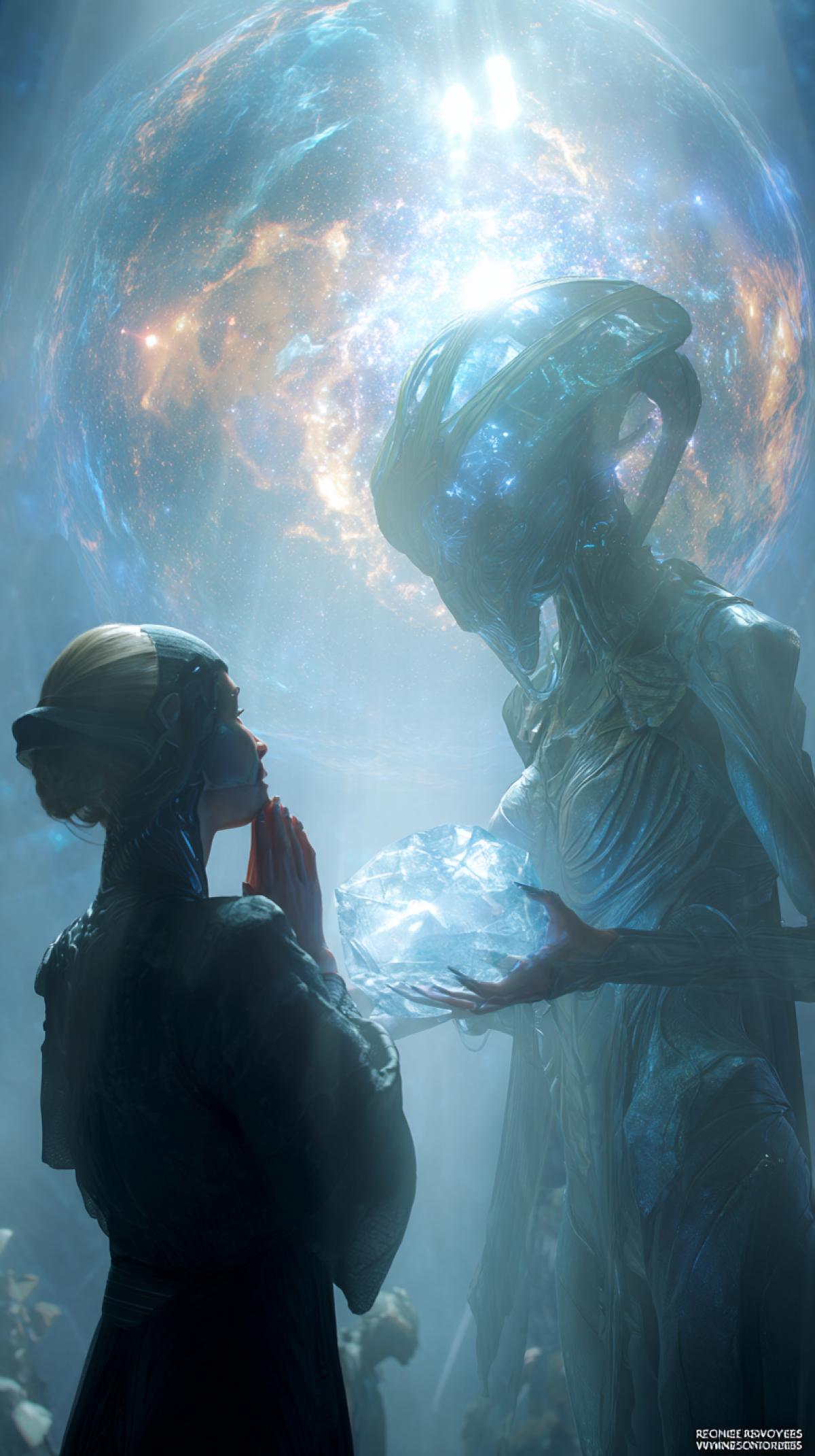A vertical, cinematic shot from the set of a groundbreaking alien talk show \"Revelations\". The host, a charismatic female journalist with a neural interface headset, staggers back a step, her hand over her mouth in awe. In the center, a mysterious, mantis-like alien guest is projecting a swirling, miniature galaxy from a crystalline artifact held in its hands. The holographic nebula illuminates the stunned faces of the other alien guests and the studio audience in the background. Dramatic volumetric lighting, ethereal glow, lens flares, a sense of profound discovery.