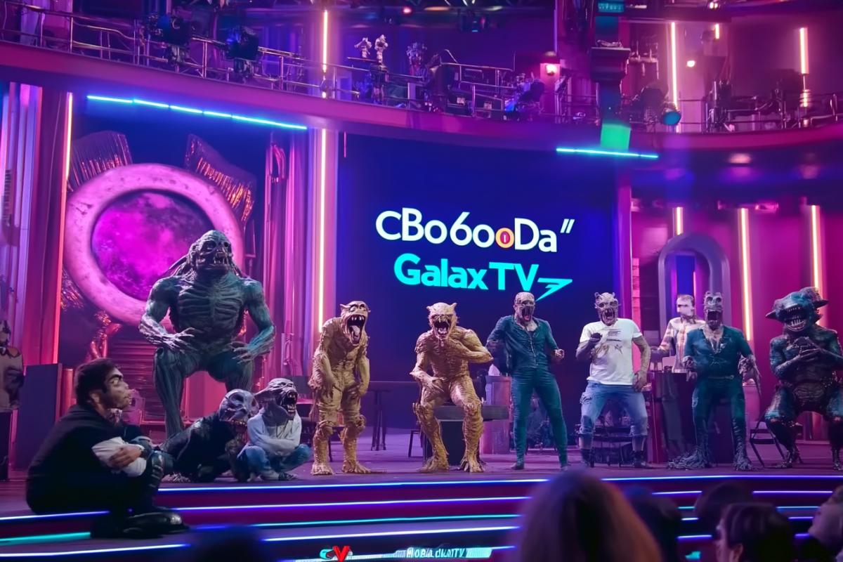 Snap shot of intergalactic TV show on the air strange extraterrestrials and mutants with angry aggressive faces in focus of various types in audience and participants in studio hall decorated with bizarre columns and horizontal rails bright cinematographic light text \"cBo6oDa cHoBa\" on the background screen lots of details label in corner \"GalaxTV\" bright colours