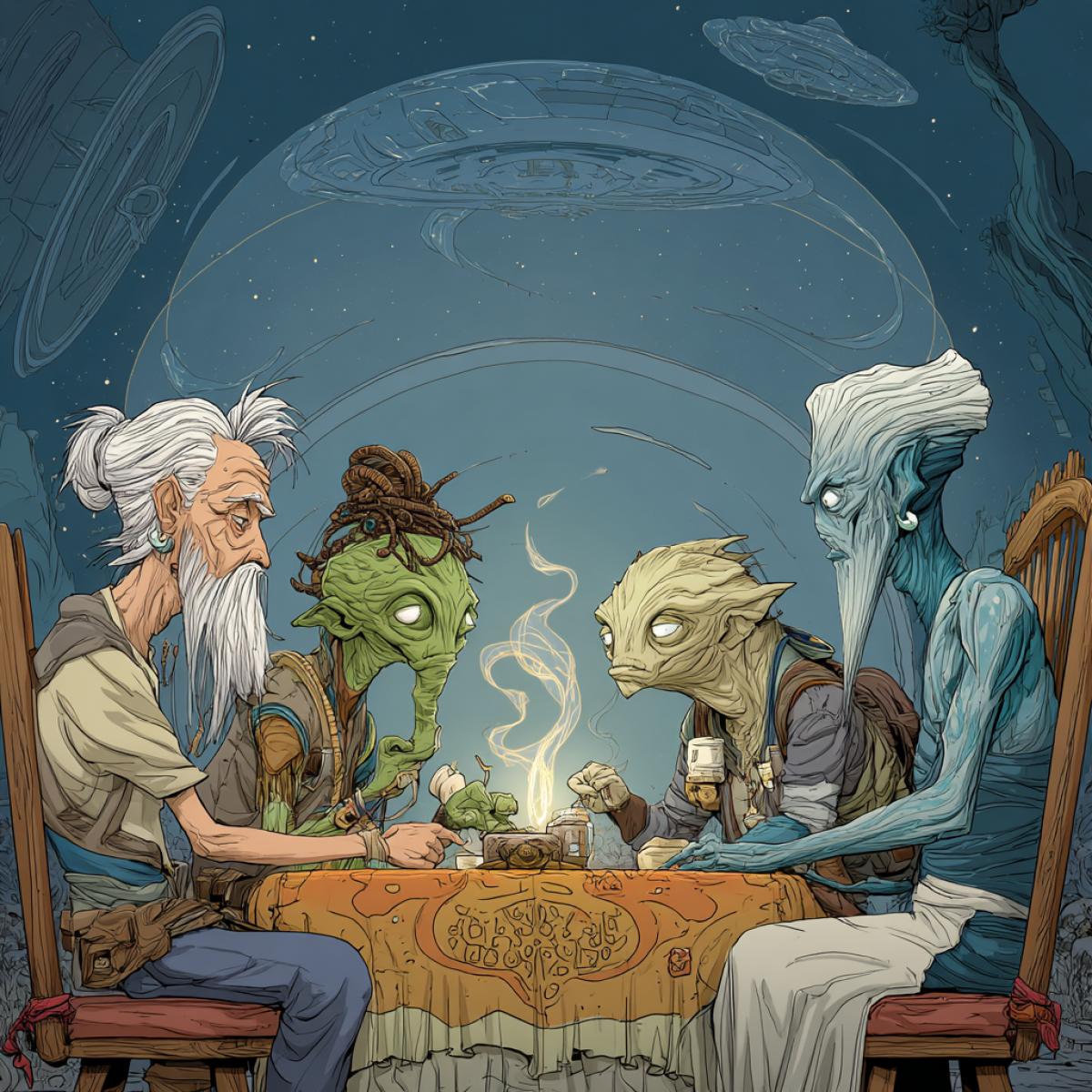 Intergalactic show at a round table between the avatar and the humanities of Marumbaki.