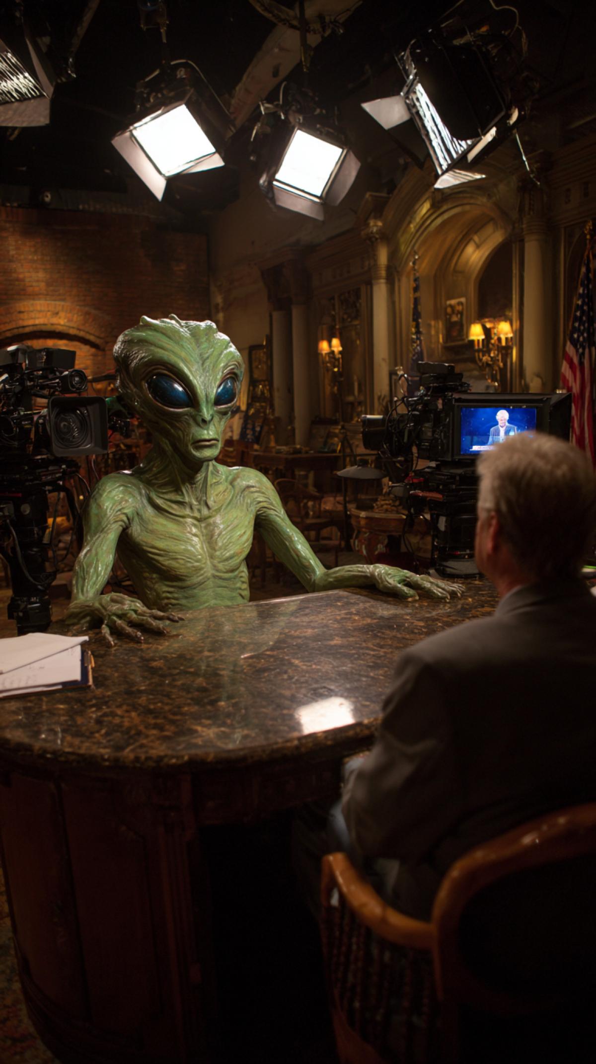 a television talk show featuring an alien race, fantasy, and cinematic elements