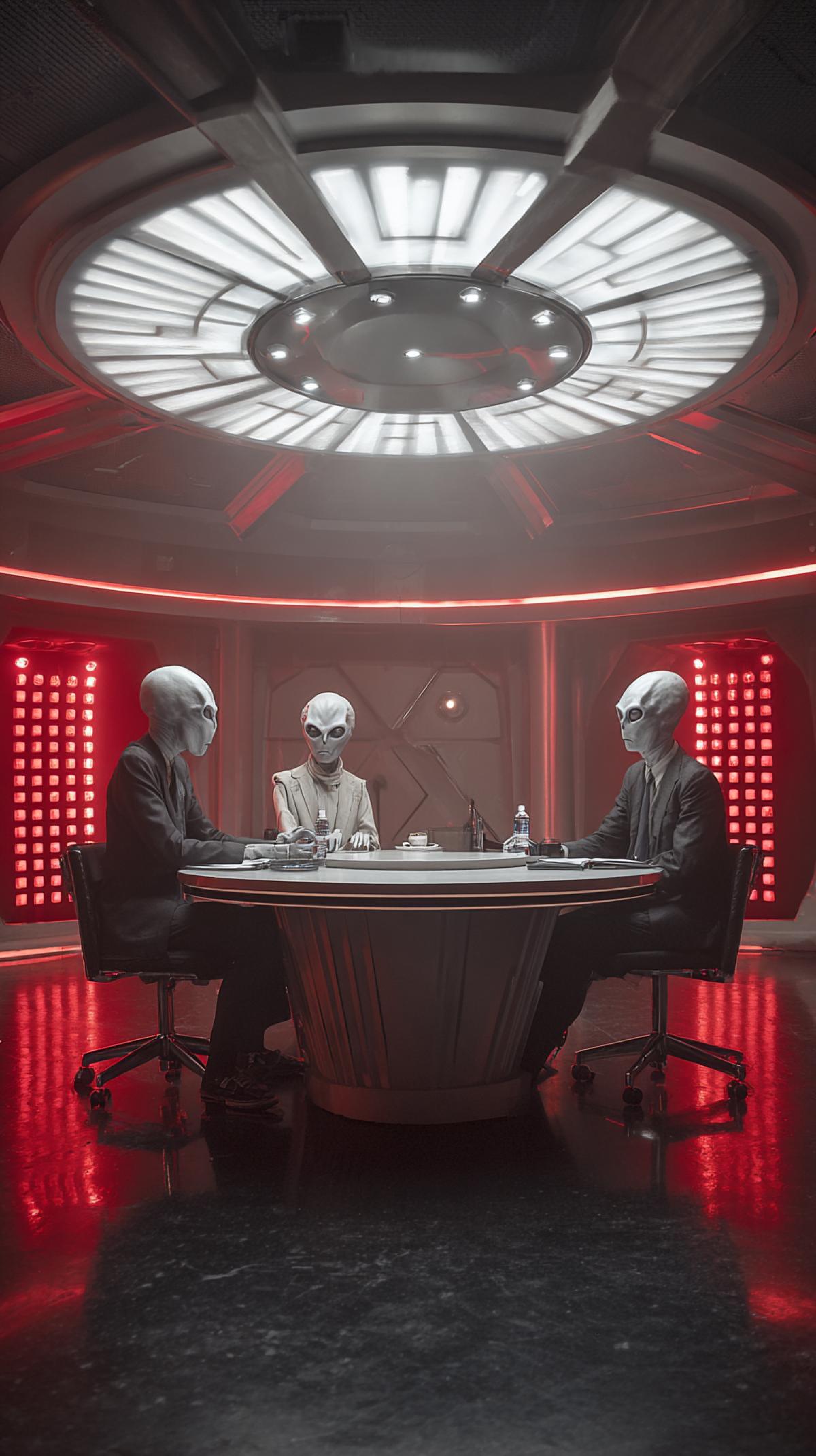 a television show where guests of an alien race, aliens, are sitting at a round table in the studio