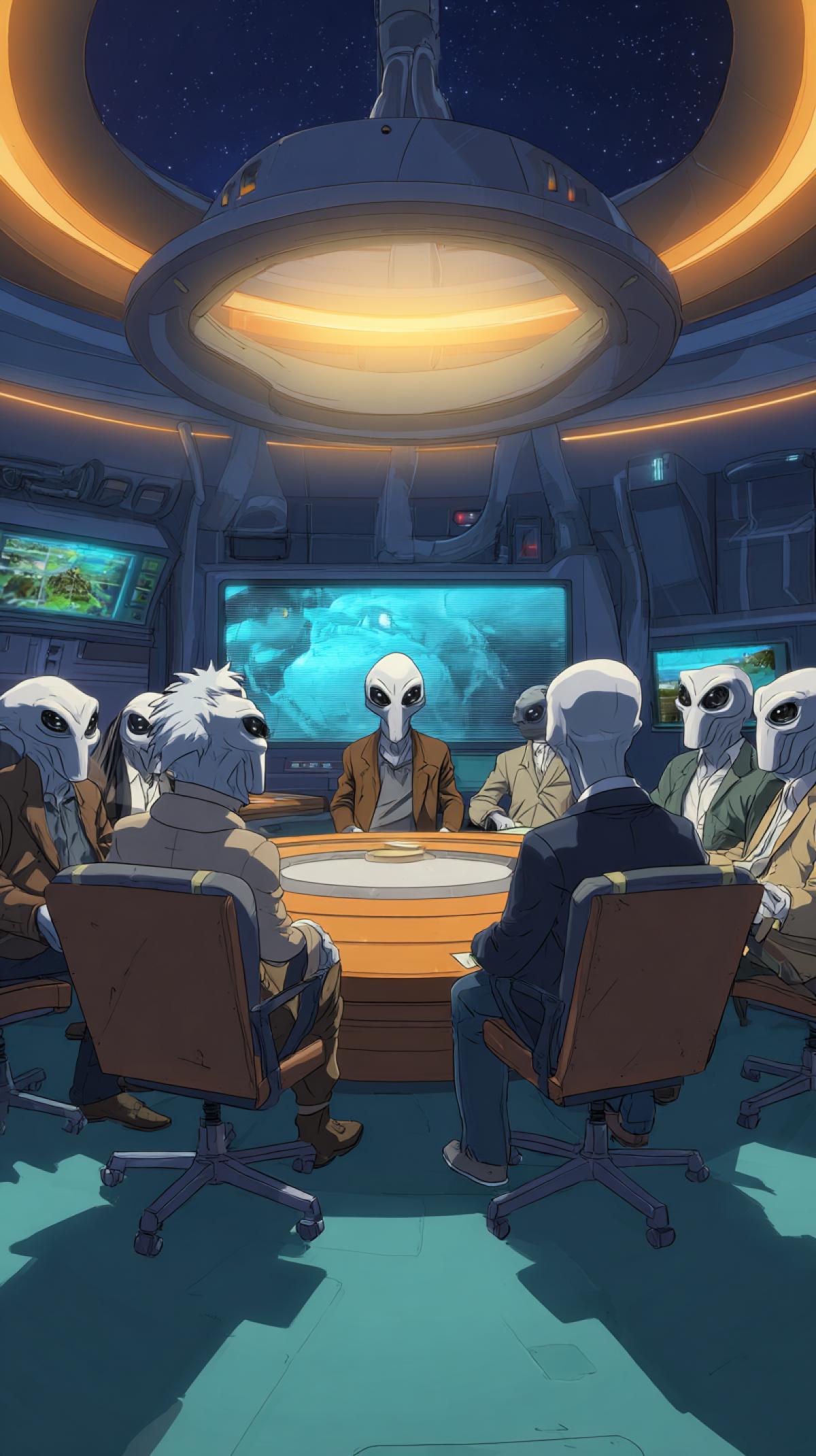 a television show where guests of an alien race, aliens, are sitting at a round table in the studio