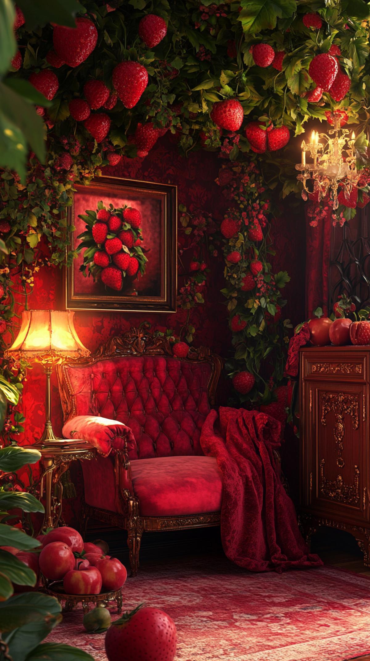 strawberry walls and ceiling, red velvet sofa, lush vines, glowing lamp, ornate cabinet, chibi in crimson silk dress on sofa, surreal baroque, lacquered textures, soft lamp glow, juicy hyperreal fruits
