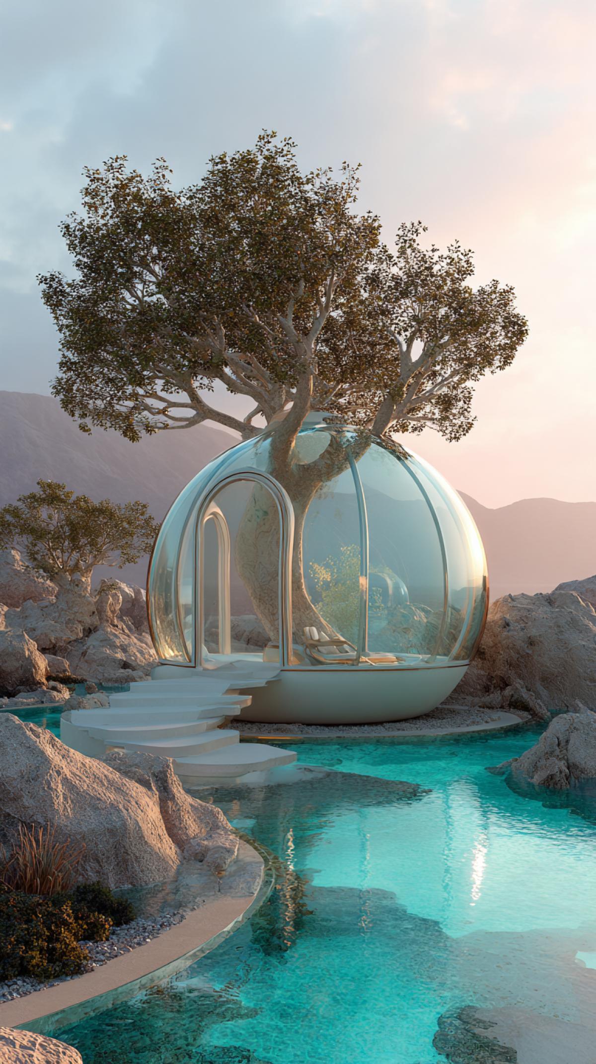 orbital capsule retreat, phosphorescent cascade, glass sphere sanctuary, ethereal tree sculpture, pastel sunset haze, rocky seashore, mirrored turquoise pool, dreamlike minimalism, visionary eco-architecture, hyperreal detailing
