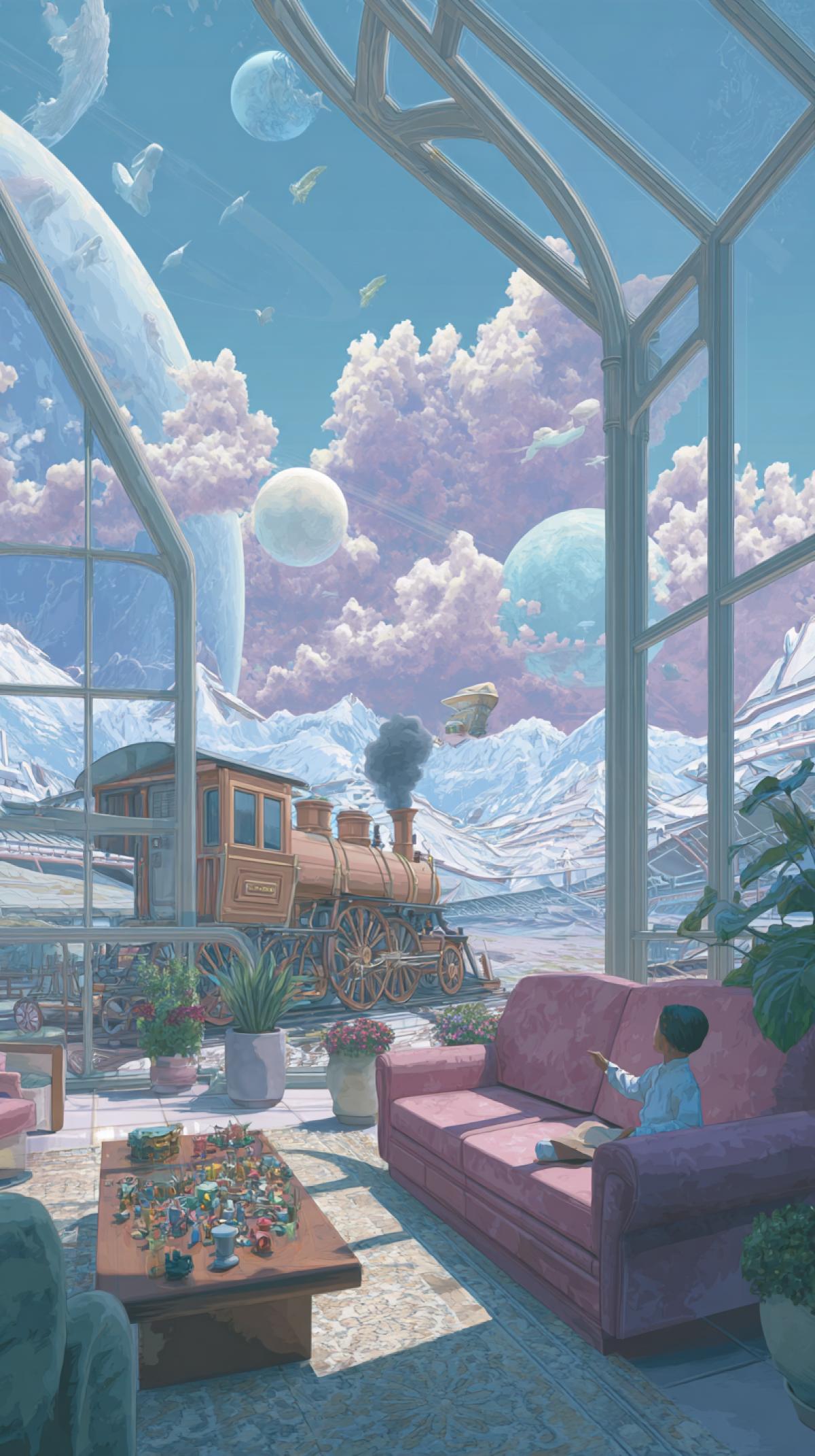 A colorful view of a modern interior, an open space, a glass atrium, where a little boy in light silk pajamas sits on a sofa, watching a plaything train with a steam locomotive hovering in a circle in the air. Retro-futuristic surreal architecture, a panoramic view of a futuristic landscape of a new galaxy with several moons, a place between mountains and lakes.