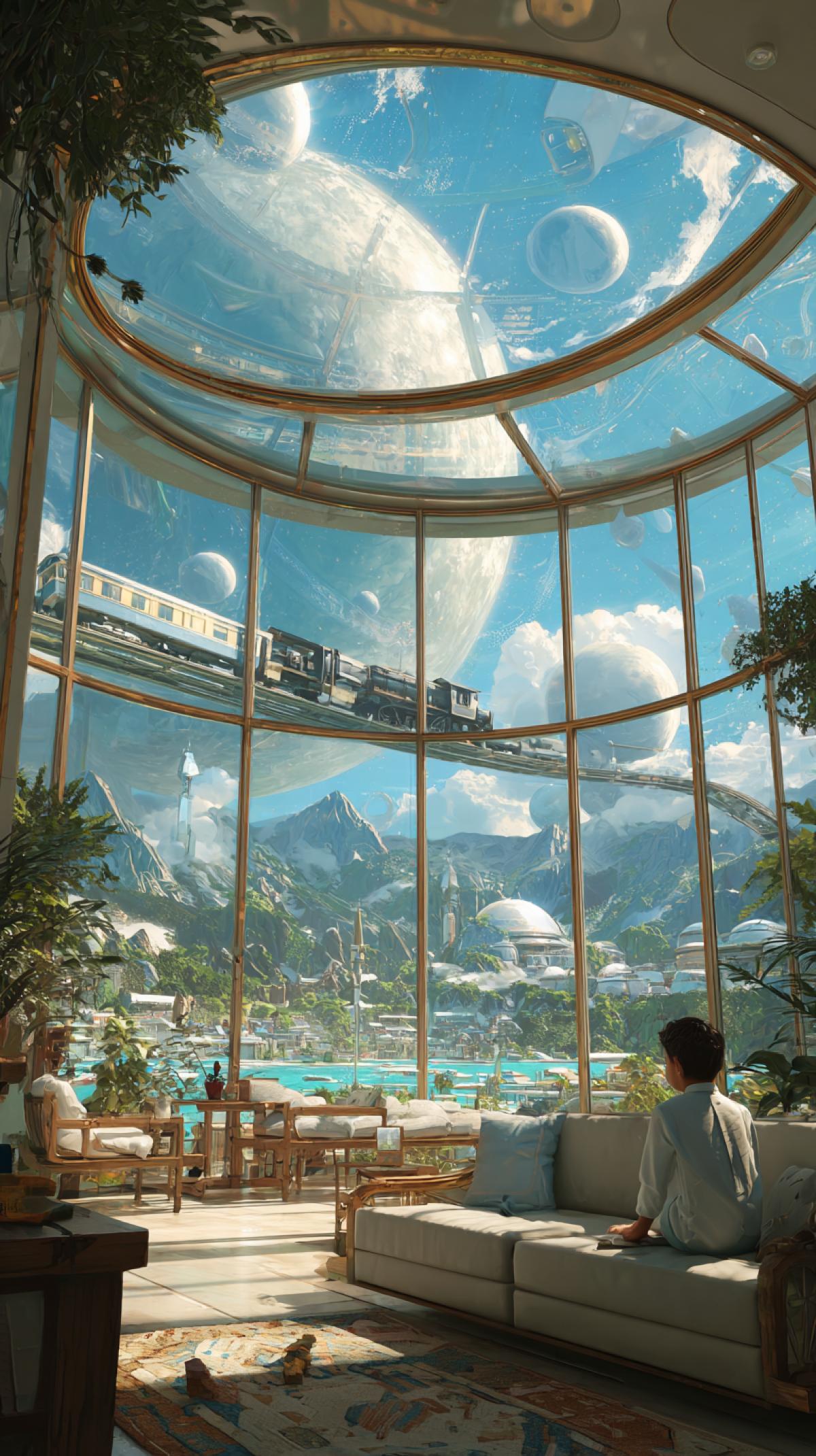 A colorful view of a modern interior, an open space, a glass atrium, where a little boy in light silk pajamas sits on a sofa, watching a plaything train with a steam locomotive hovering in a circle in the air. Retro-futuristic surreal architecture, a panoramic view of a futuristic landscape of a new galaxy with several moons, a place between mountains and lakes.