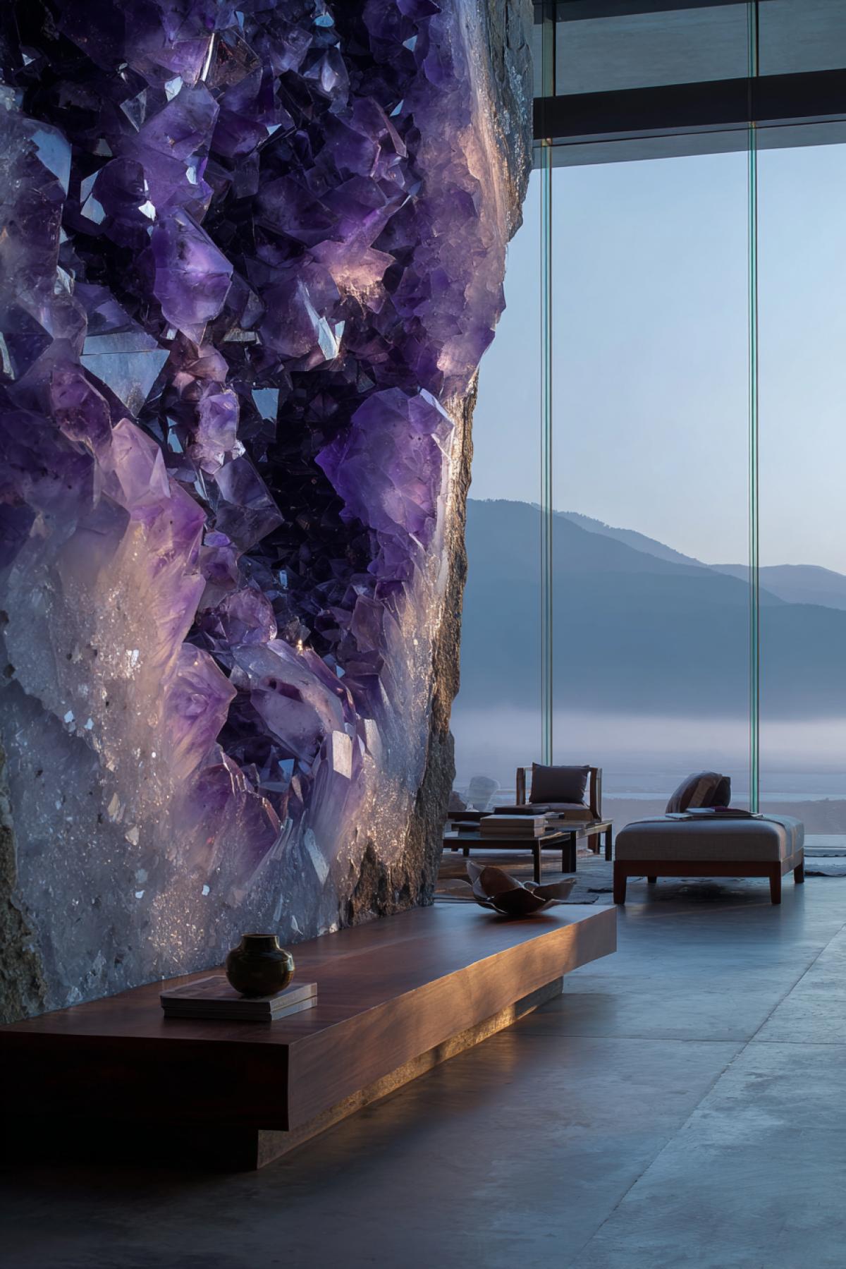 A breathtaking modern living room built inside a gigantic geode. One entire wall is a raw, crystalline formation of big purple and white amethyst crystals, softly backlit. The opposite wall is a seamless glass panel overlooking a misty mountain range at dawn. The furniture is minimalist and low, made of polished dark wood and brushed brass, emphasizing the grandeur of the natural geology. Architectural photography, serene and majestic atmosphere.
