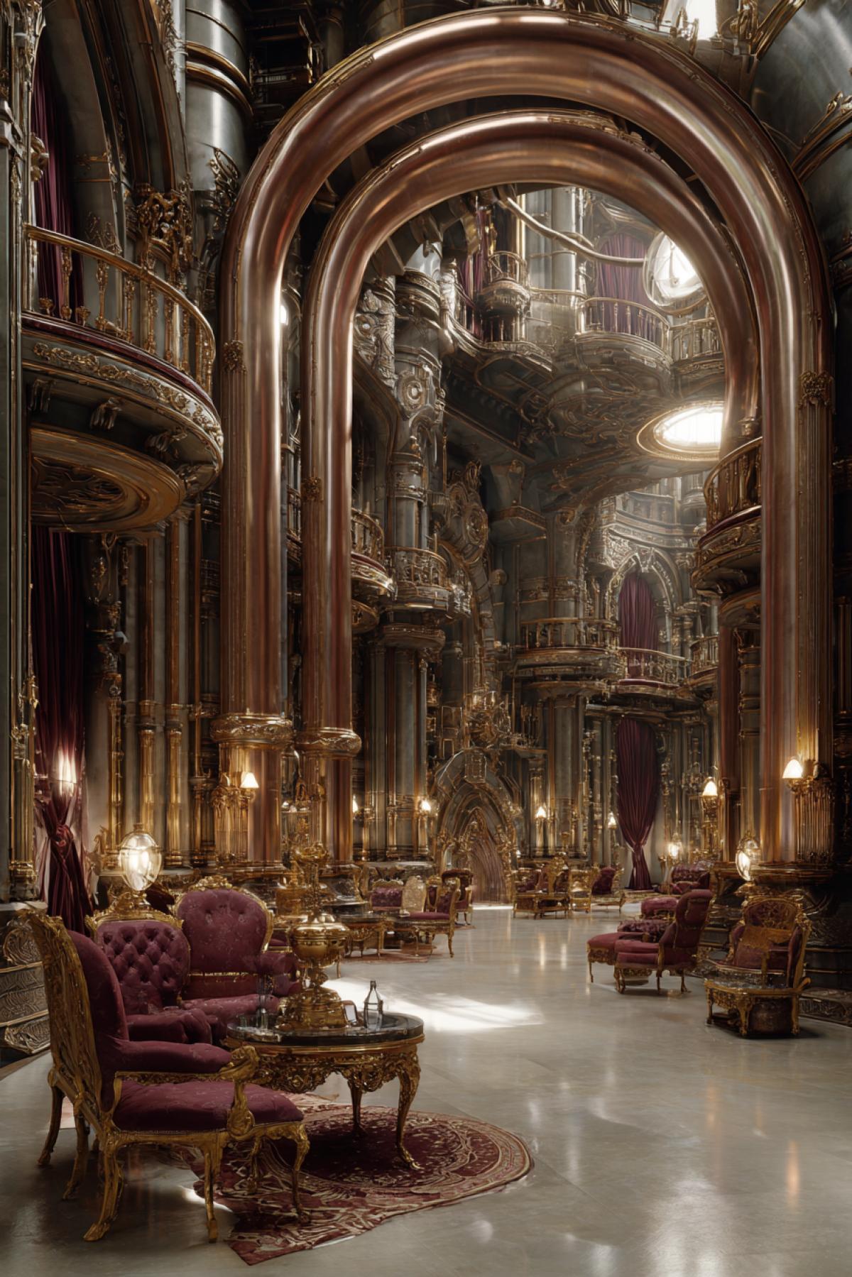 The opulent interior of a palace built inside the colossal, inactive heart of a forgotten mechanical titan. Gilded Baroque furniture and velvet drapes contrast with the enormous, polished brass pistons and copper pipes that form the walls and ceiling. Soft light glows from within intricate clockwork mechanisms, illuminating the vast, cathedral-like space. Steampunk fantasy, epic scale, style of Guweiz, hyper-detailed.