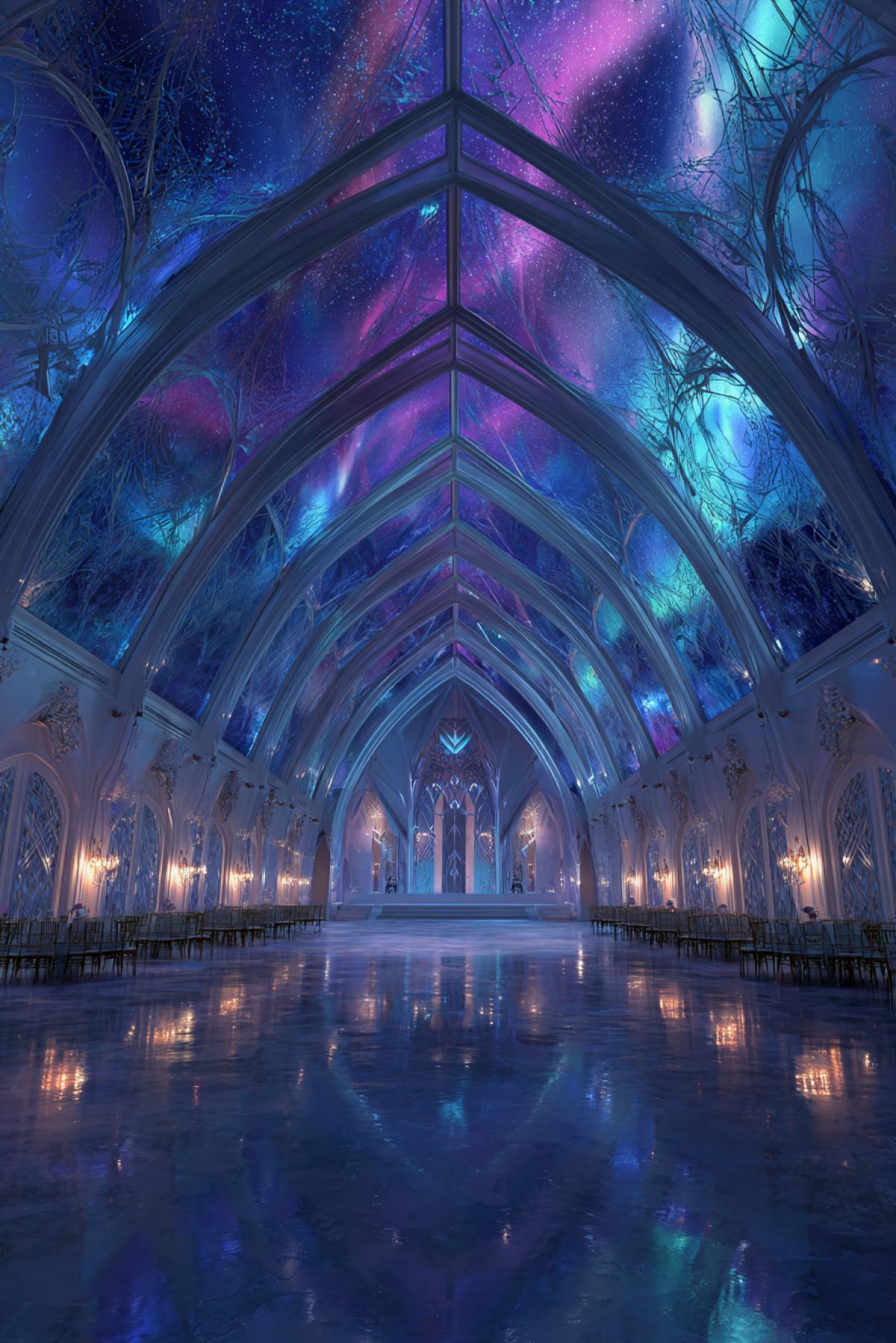 A breathtaking ballroom carved from a single, massive crystal, hidden deep within a glacier. The vaulted ceiling is transparent, and through it, the vibrant hues of the aurora borealis dance, refracting into a million sparkling rainbows throughout the room. Delicate, frost-like filigree covers the walls, and the floor is a perfectly smooth sheet of dark ice, reflecting the celestial light show. Ethereal, majestic, fantasy art, hyper-detailed, a vision of frozen magic.