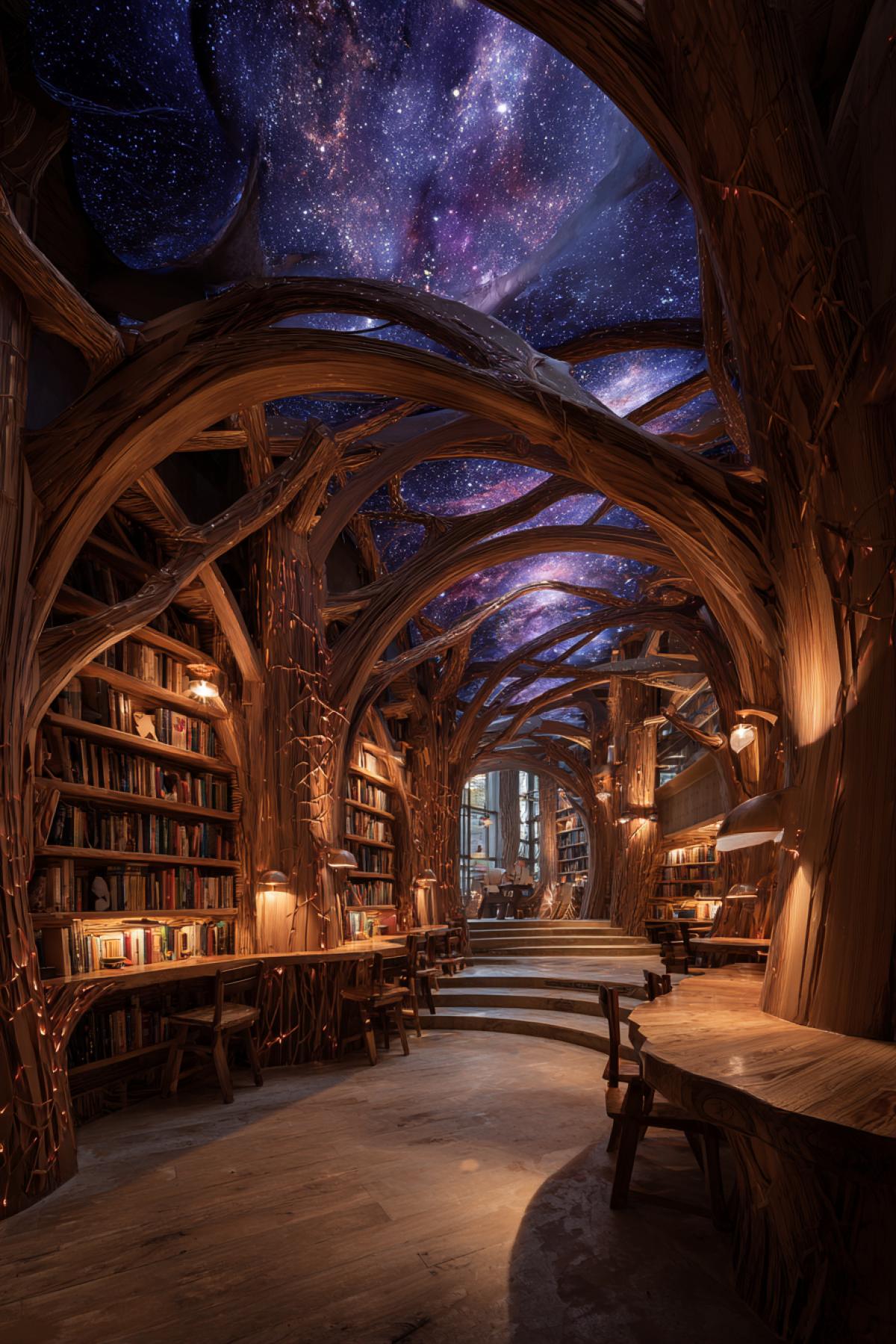 The interior of a cosmic library grown inside a gargantuan, ancient tree on a floating island. The curved walls are living wood, intertwined with glowing mycelium networks that pulse with soft light. The ceiling is an open panorama of a swirling nebula in deep blues and purples, with real stars twinkling. Bookshelves are made of roots, and floating motes of starlight illuminate reading nooks. Whimsical, enchanting, Ghibli-esque, awe-inspiring beauty.