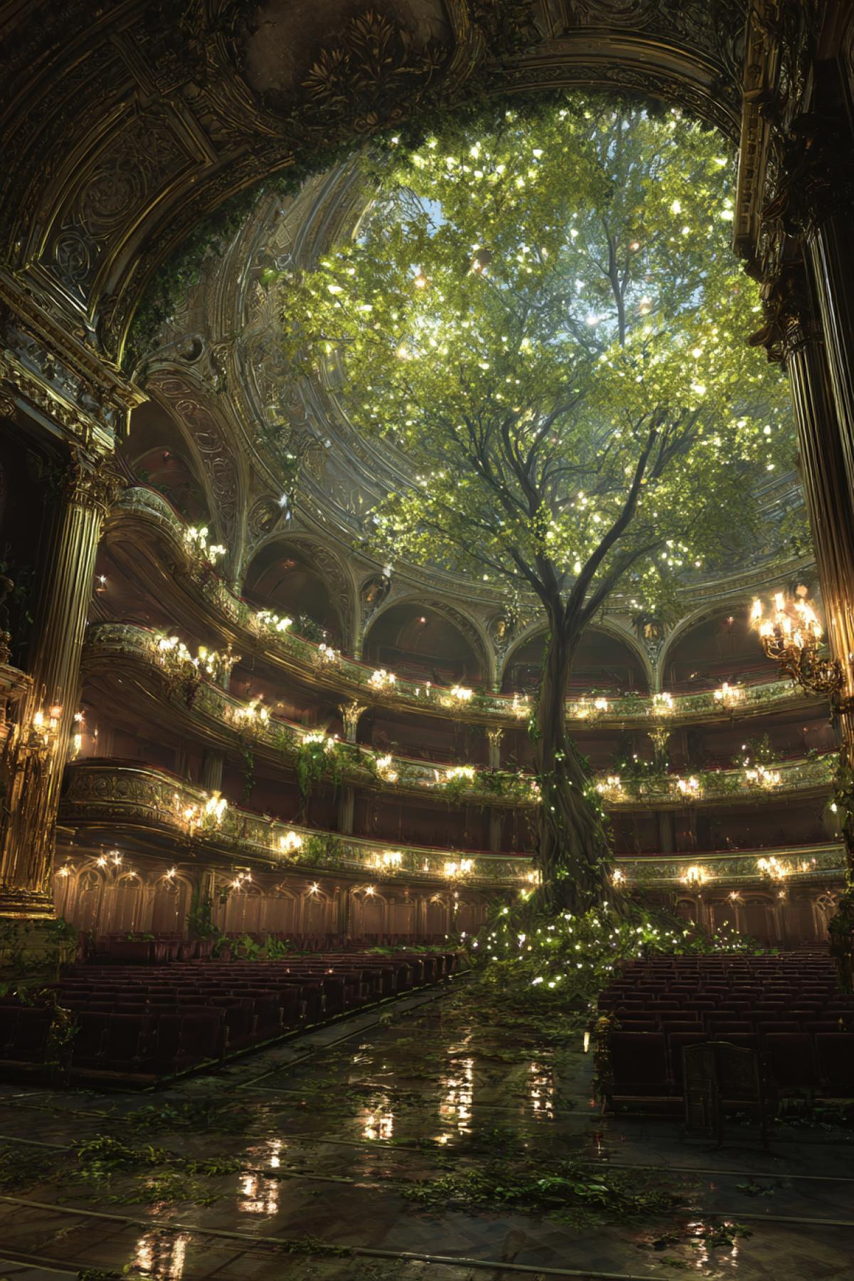 A majestic, abandoned opera house from the Belle Époque, where a forest of bioluminescent flowers and glowing mushrooms has reclaimed the space. The grand velvet boxes are overgrown with vines that pulse with soft light, and a big , glowing willow tree grows from the center of the stage, its leaves illuminating the ornate gold decorations and crystal chandeliers. Hauntingly beautiful, magical realism, cinematic, vibrant yet soft color palette.