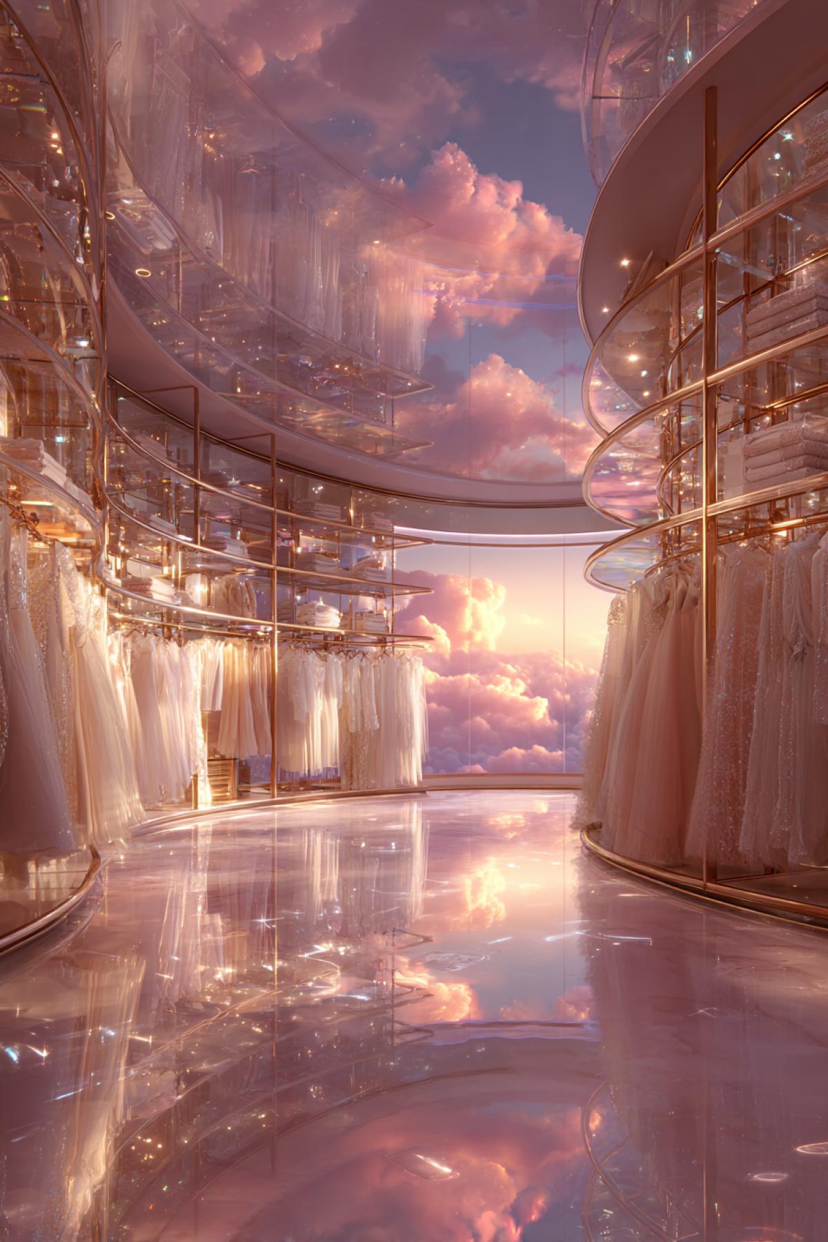 An enormous, circular walk-in closet floating on a cloud at sunset. The walls and shelves are made of polished mother-of-pearl and rose gold. Hundreds of elegant dresses and gowns are illuminated by light that refracts through crystal prisms, casting tiny, dancing rainbows across the room. The floor is transparent glass, luxury the soft, pink clouds below. Ethereal, luxurious, soft-focus, hyper-detailed, a dream of feminine elegance.