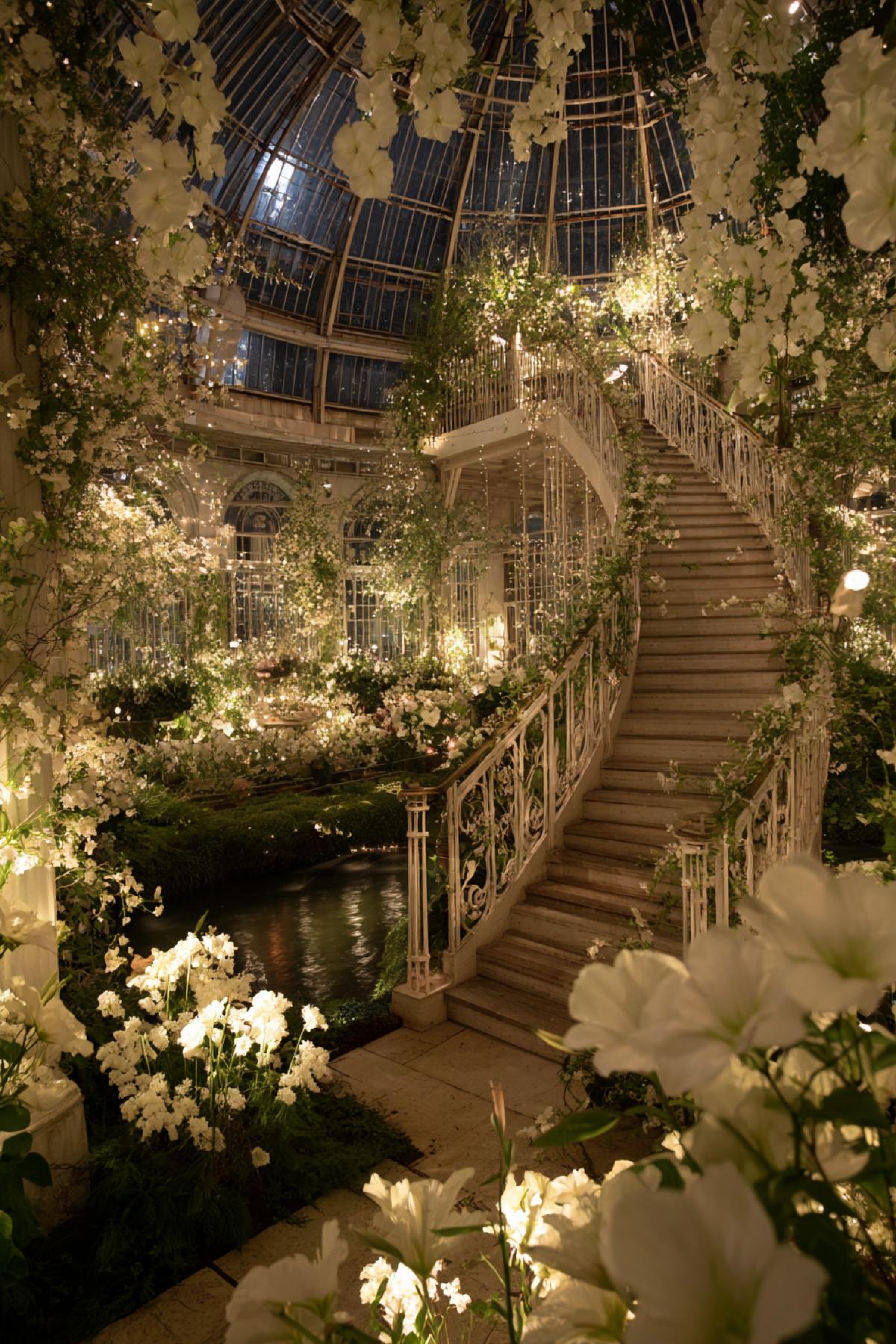 A vast Victorian glass conservatory at midnight, filled exclusively with luminous white flowers. big moonflowers, glowing gardenias, and bioluminescent lilies bloom under the light of a full moon, casting a soft, silver radiance. Delicate crystal ornaments and a white wrought-iron spiral staircase are entwined with jasmine vines. The atmosphere is magical, serene, and deeply romantic. Cinematic, fairytale aesthetic, mystical beauty.