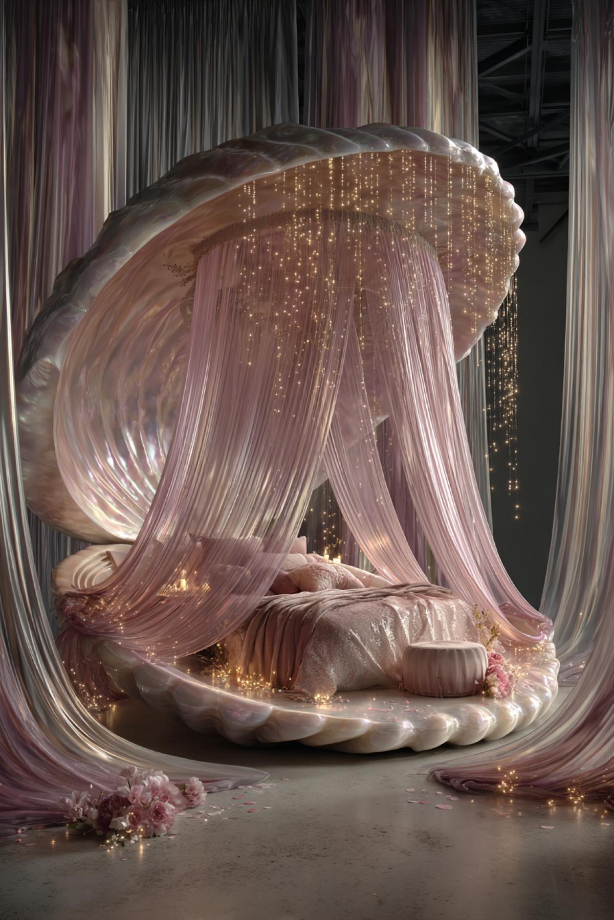 An 4k, opulent bower nestled inside a gigantic, open pearl shell. The curved walls are lined with iridescent mother-of-pearl, reflecting the soft glow. The centerpiece is a canopy bed draped with cascading silk of the finest blush pink and silver, surrounded by veils of fabric that flutter in a gentle, sea-scented breeze. The air shimmers with floating motes of light. Luminous, luxurious, luxurious, art nouveau style, a sanctuary of beauty.