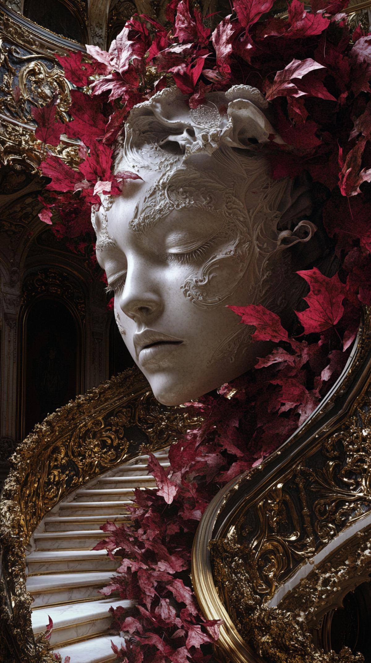 dreamlike symbolism, hollow statue face, crimson leaves vortex, gilded stairs, gothic filigree metal, spectral women, parchment textures, mythopoeic surreal art, atmospheric chiaroscuro