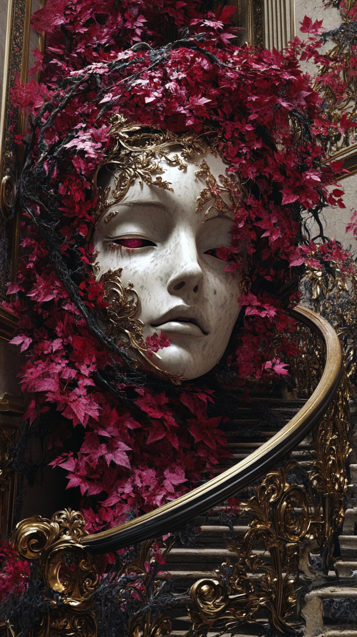 dreamlike symbolism, hollow statue face, crimson leaves vortex, gilded stairs, gothic filigree metal, spectral women, parchment textures, mythopoeic surreal art, atmospheric chiaroscuro