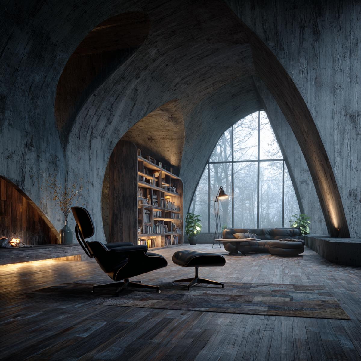 Interior made of concrete in glass and wood futurism