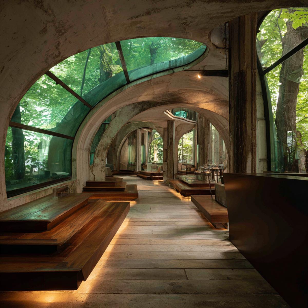 Interior made of concrete in glass and wood futurism