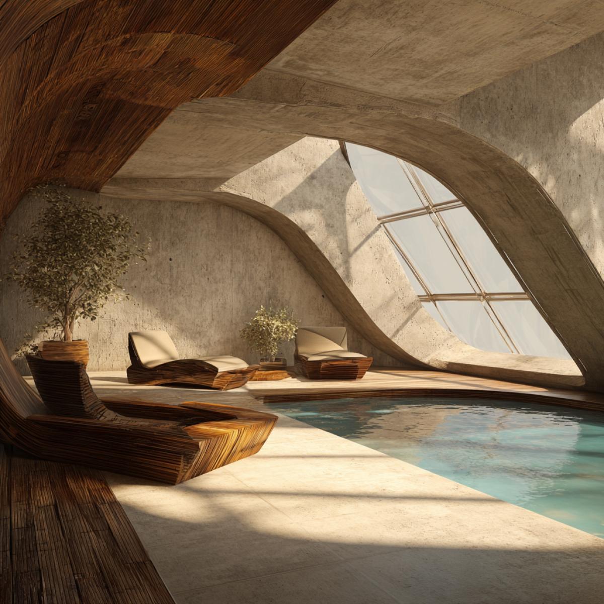 Interior made of concrete in glass and wood futurism