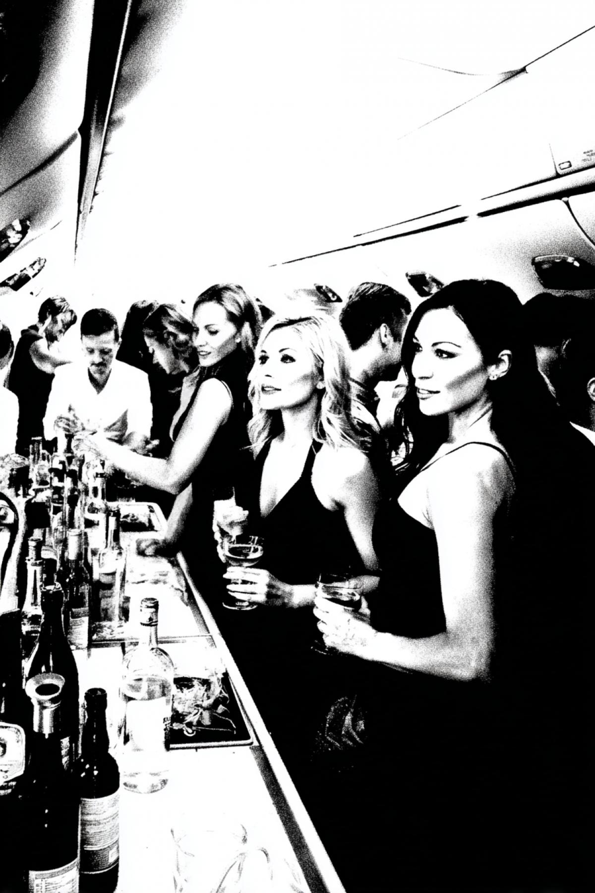 Night club and bar aboard Boeing 767 crazy party happy drunken people beautiful women dancing drinking high contrast bright colours
