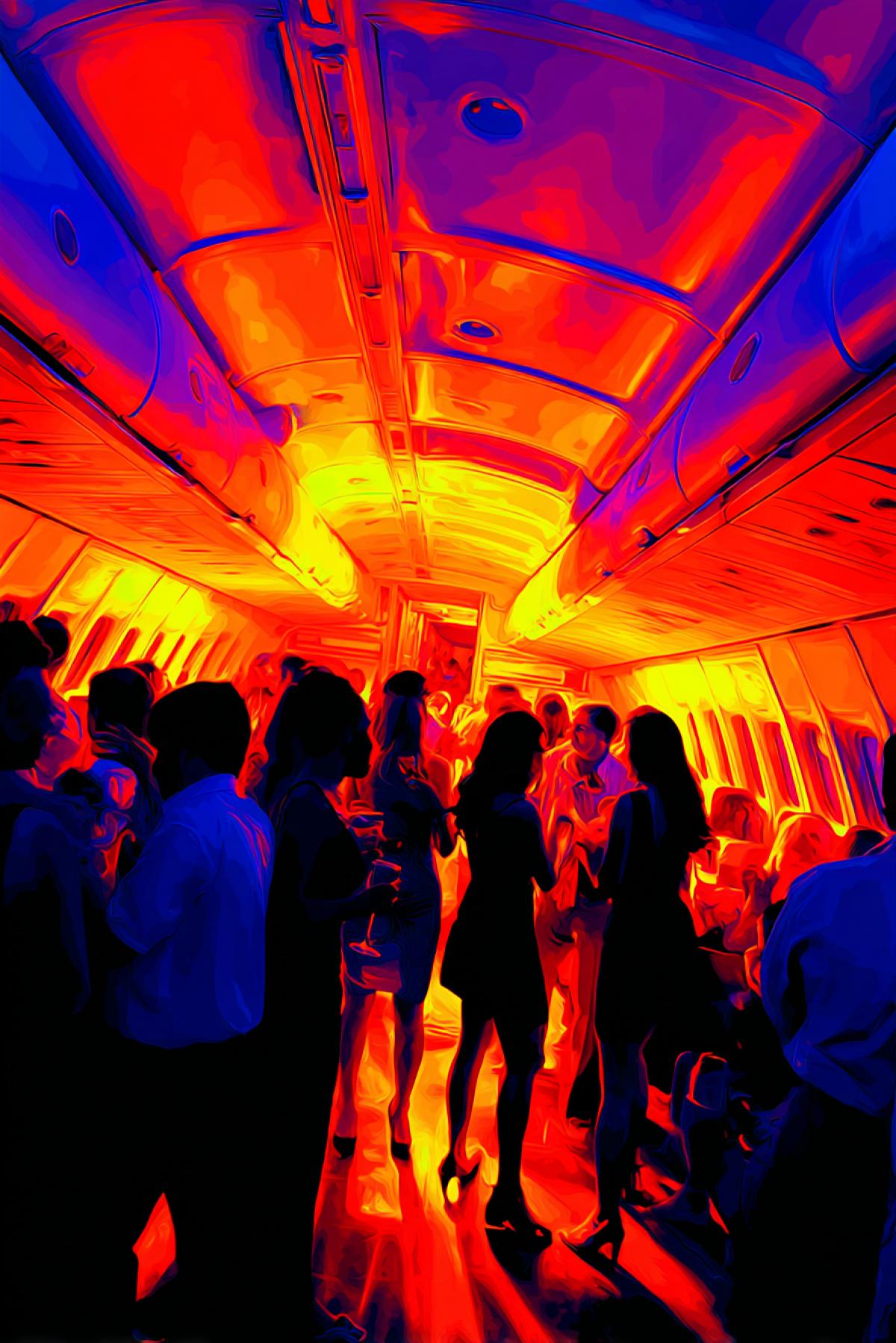 Night club aboard of Boeing 767 crazy party high contrast full colour