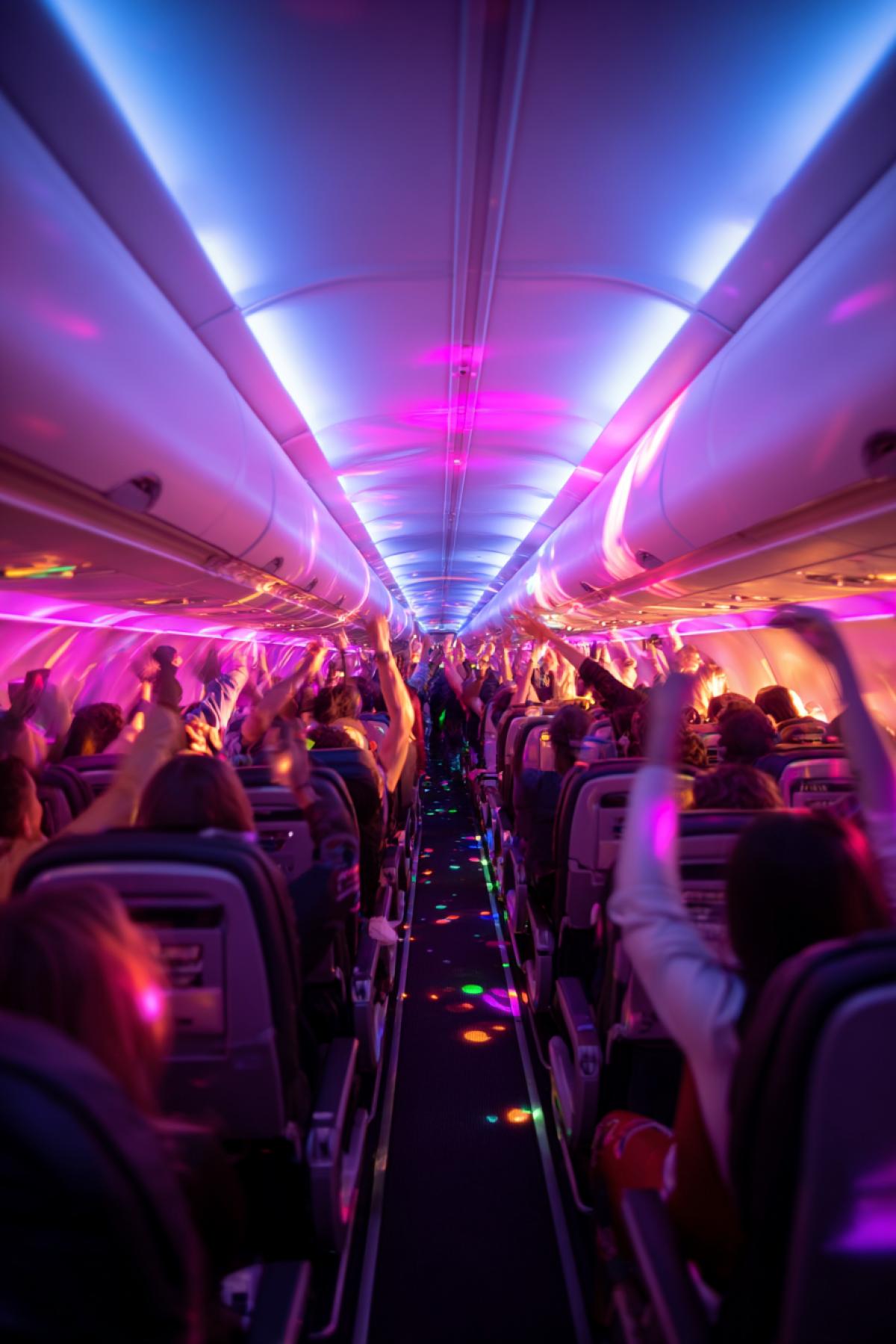 A dynamic vertical shot of an airplane party at night. A DJ is mixing music from a setup on a flight attendants cart, neon lights and laser beams illuminating the cabin. Energetic passengers are dancing in the aisle, holding glowing cocktails. Through the windows, a sprawling city lights panorama is visible below. Cinematic, vibrant colors, motion blur, 35mm lens, lively atmosphere.