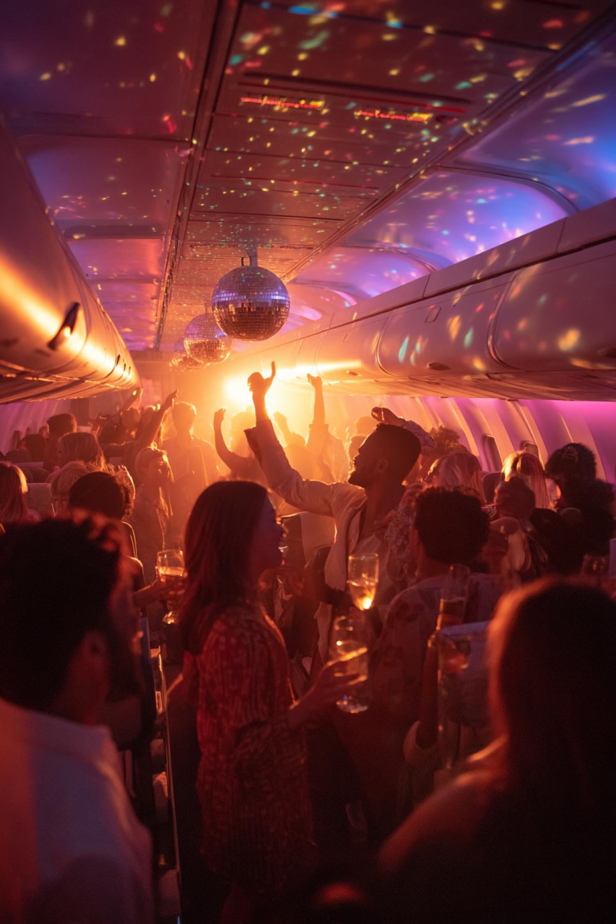 A vibrant party in an airplane cabin during a breathtaking sunset. Silhouettes of dancing passengers against the warm orange and purple sky visible through the windows. The interior is lit by colorful LED strips and hanging fairy lights, creating a festive glow. People are laughing and holding drinks, a disco ball scattering light reflections. Vertical com4k, moody lighting, joyful chaos.