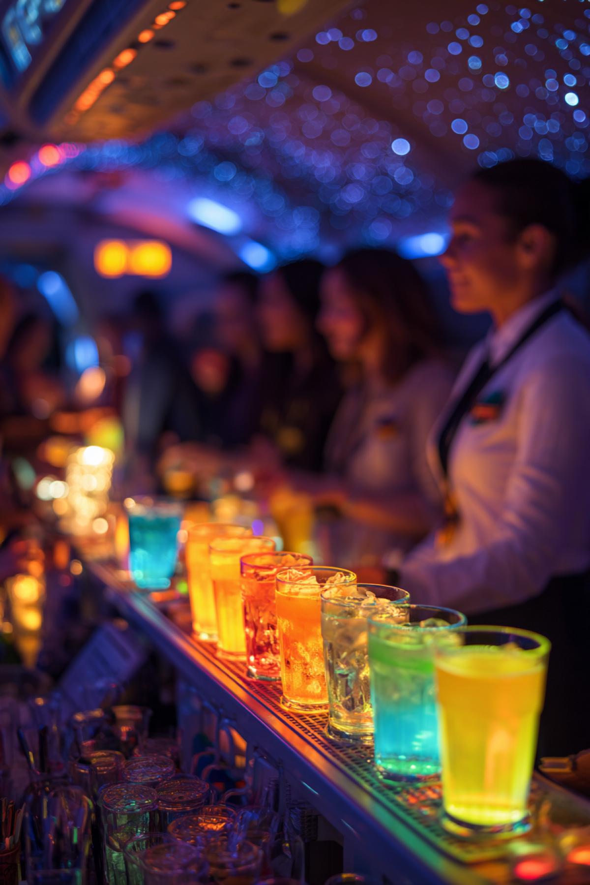 A vertical shot focusing on the airplane bar area during a lively party. A flight attendant is serving colorful cocktails in glowing glasses to excited passengers. The background shows dancing silhouettes and neon-lit cabin interior. Through the windows starry night sky and distant city lights. Shallow depth of field, cinematic lighting, vibrant colors, 28mm lens, festive mood.