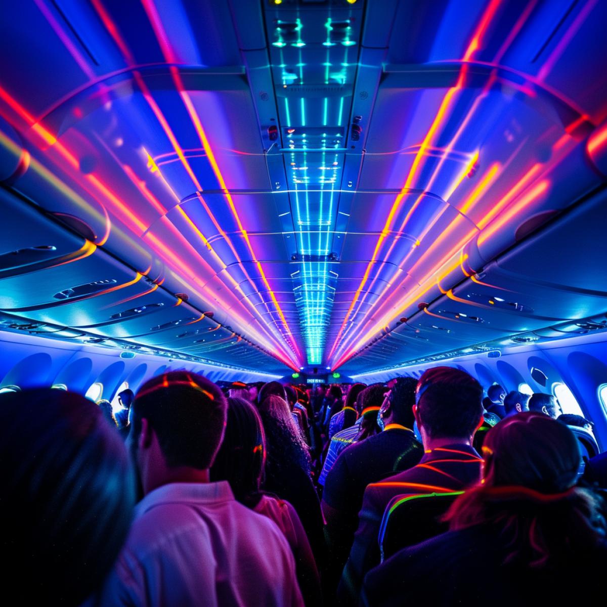 noisy party in the laser beams in the cabin of an airliner