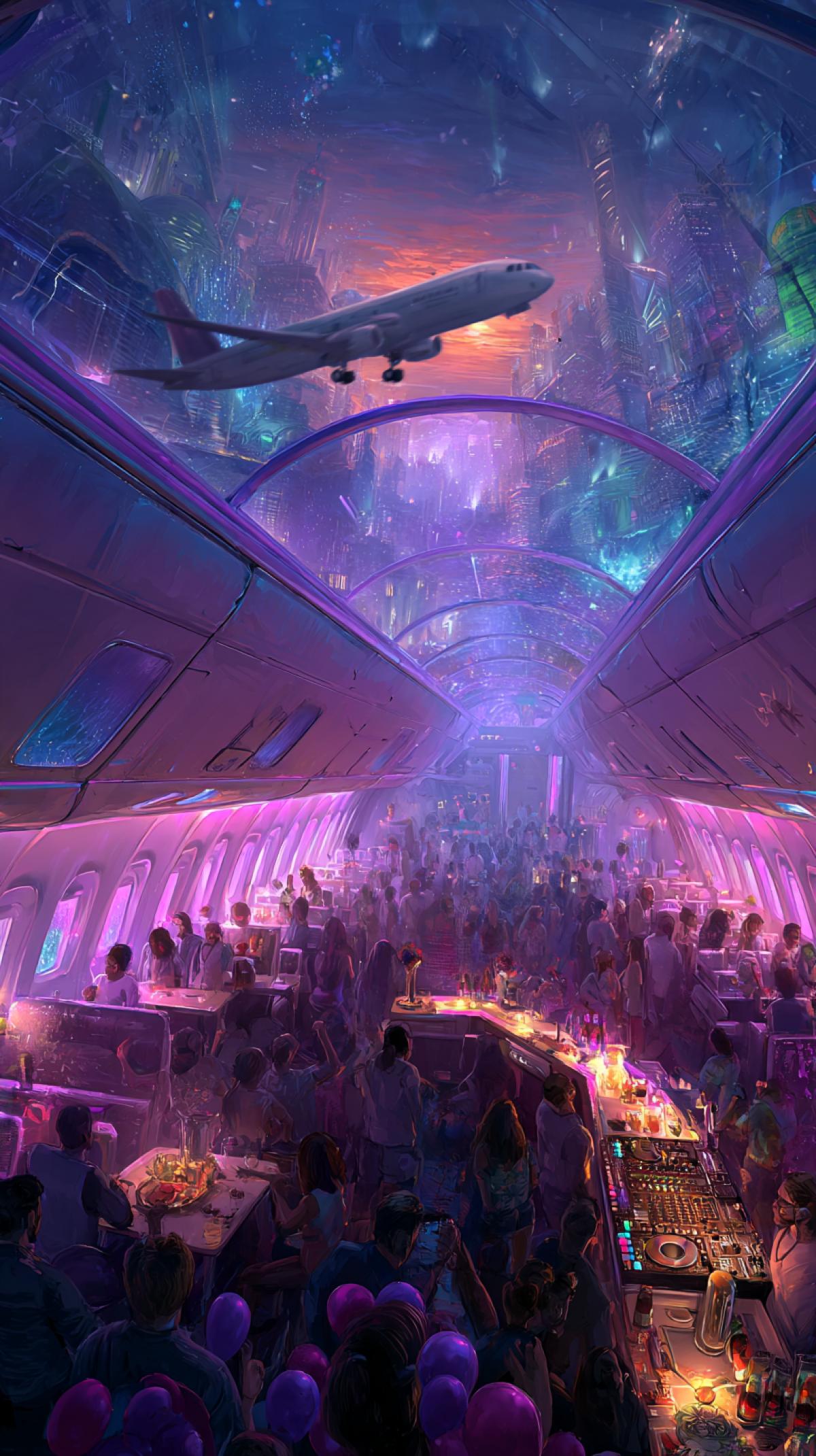Generate a vibrant party scene on board an airplane: a cabin with atmospheric lights (neon, garlands, reflections in windows), dancing passengers, a DJ console on the flight attendant trolley, drinks and balloons, a view of the city/sunset outside the window.