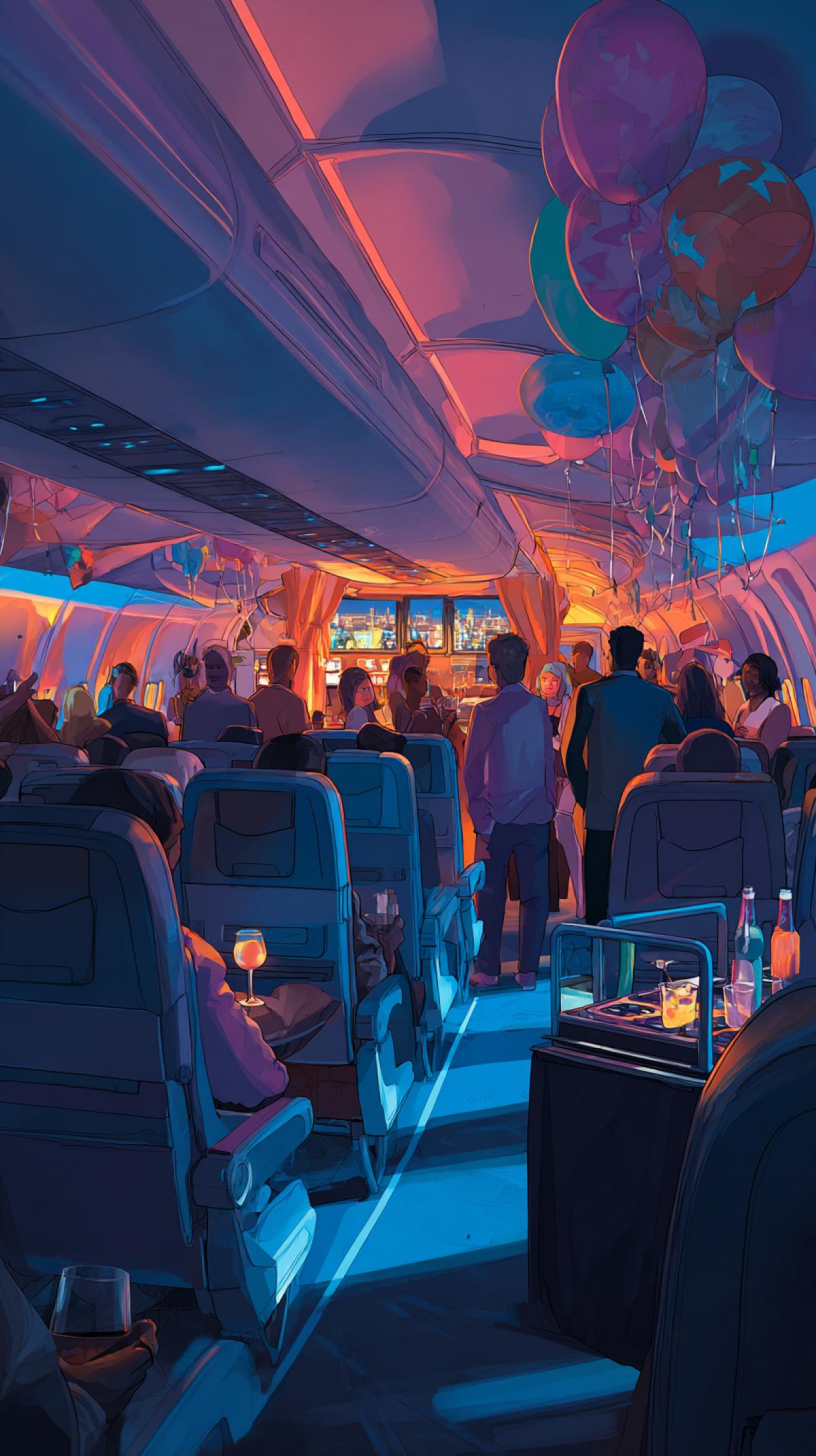 Generate a vibrant party scene on board an airplane: a cabin with atmospheric lights (neon, garlands, reflections in windows), dancing passengers, a DJ console on the flight attendant trolley, drinks and balloons, a view of the city/sunset outside the window.
