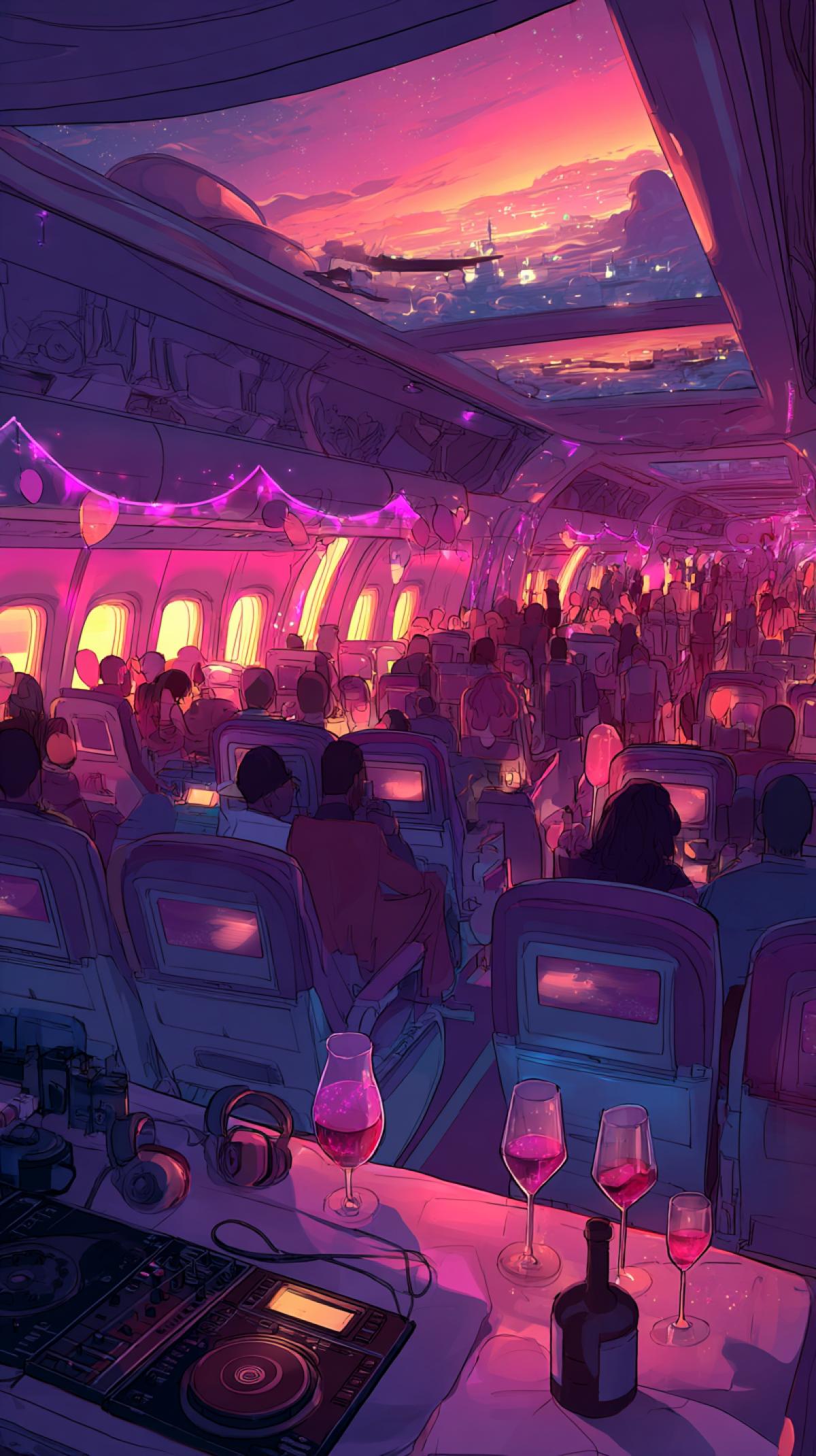 Generate a vibrant party scene on board an airplane: a cabin with atmospheric lights (neon, garlands, reflections in windows), dancing passengers, a DJ console on the flight attendant trolley, drinks and balloons, a view of the city/sunset outside the window.