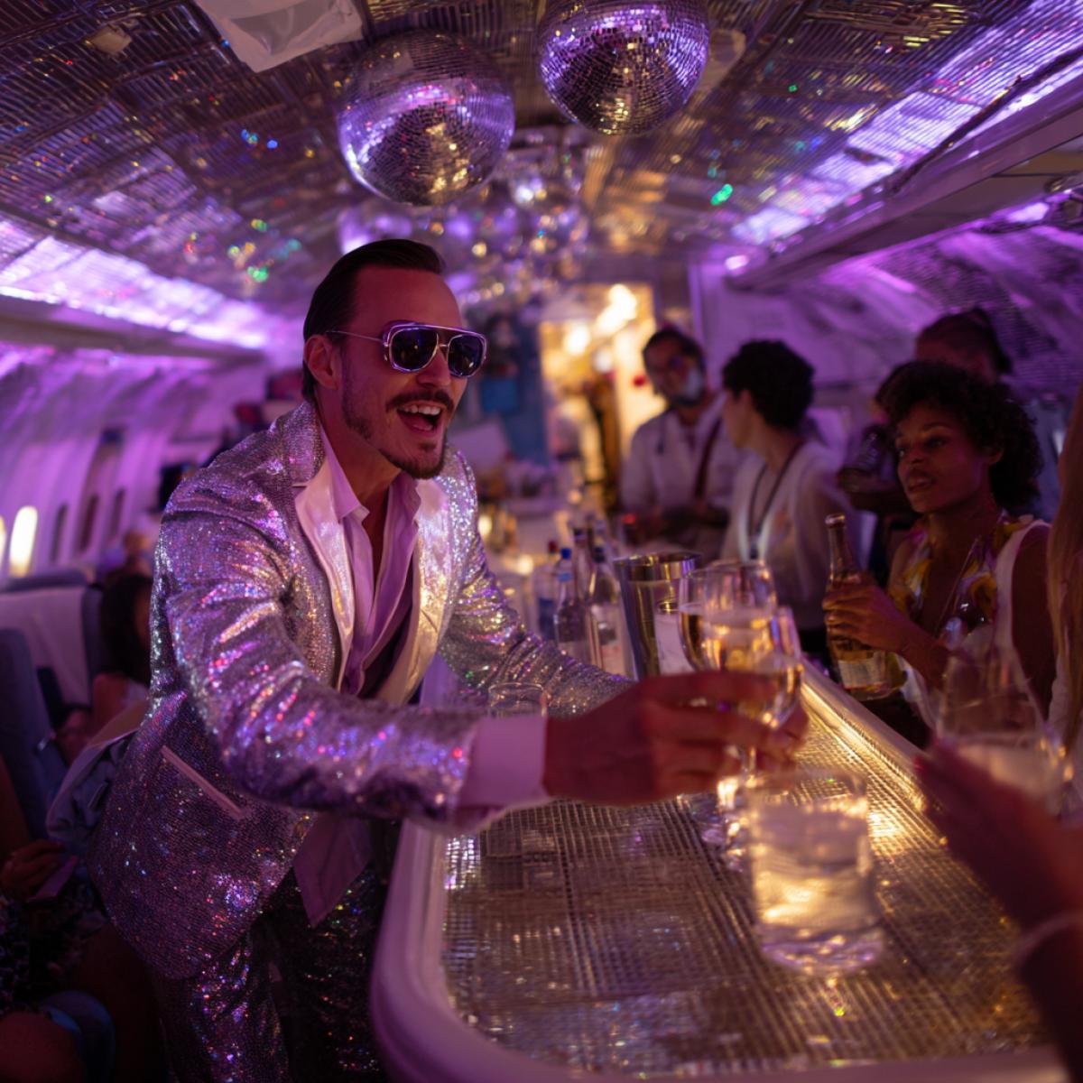 Disco on an airplane with a bartender