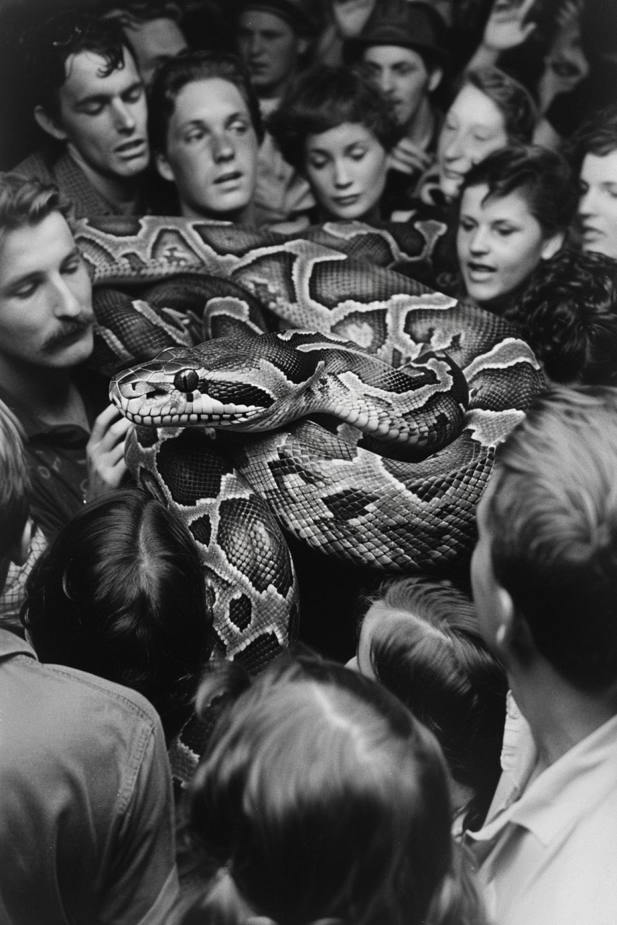 big boa constrictor surrounded by frightened people