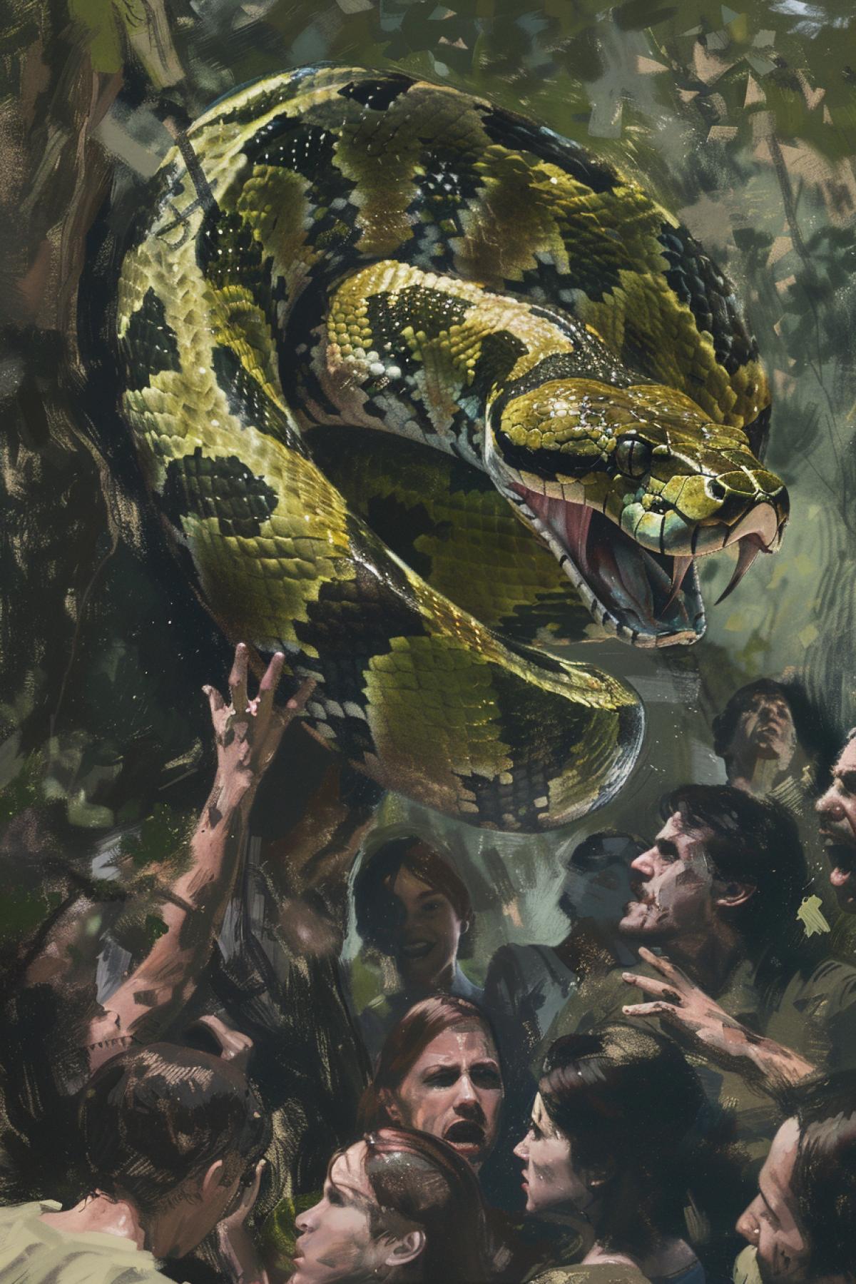 big boa constrictor surrounded by frightened people
