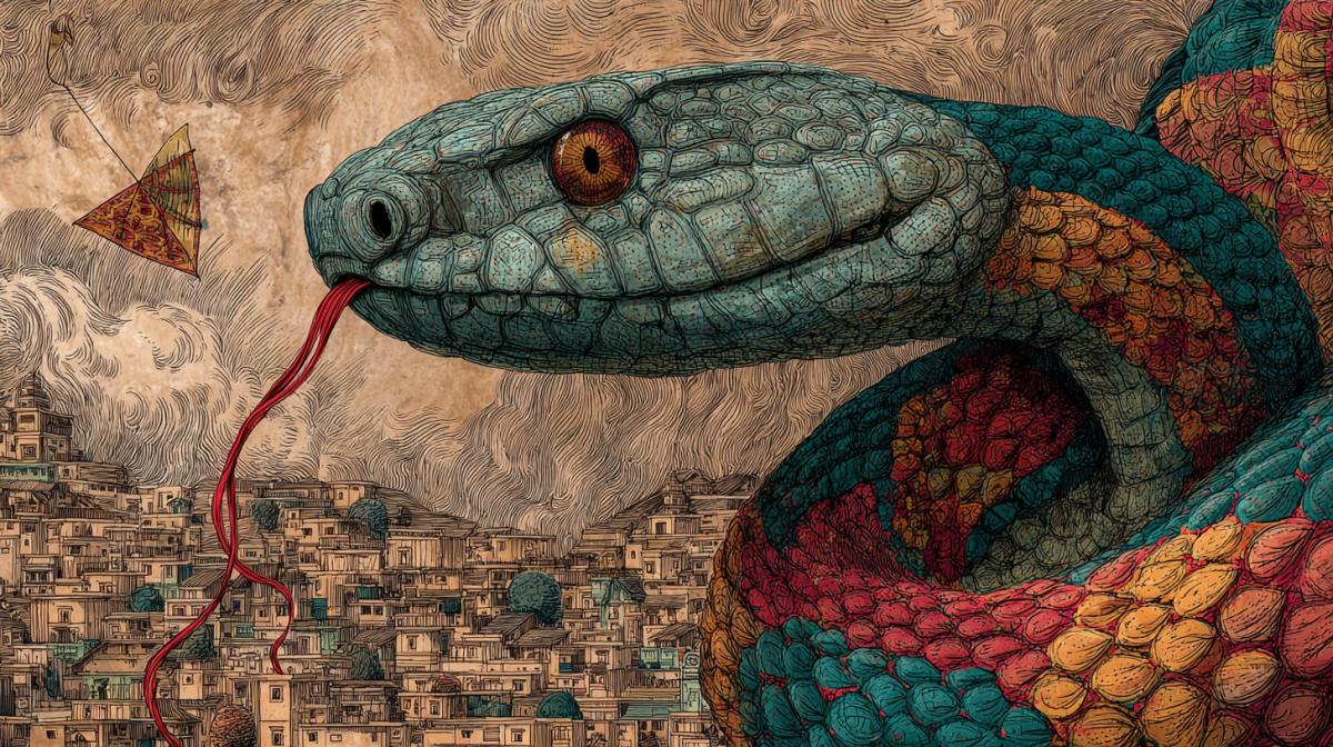 A cobra snake, of gigantic size, crawls among the houses in the city and holds the thread on which the kite flies.