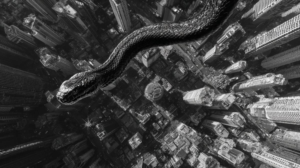 A cobra snake, of gigantic size, crawls among the houses in a modern high-rise city and holds the thread on which the kite flies. Real photo from a helicopter.