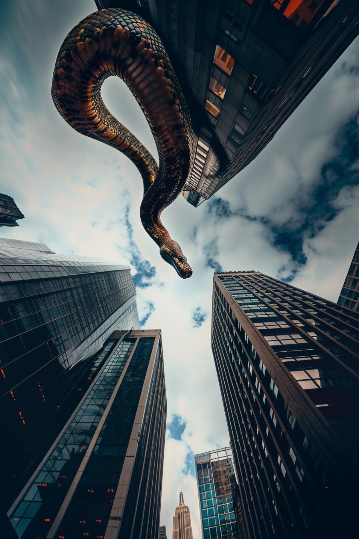 Photo: A python with its mouth open hangs from the sky above skyscrapers, preparing to swallow them.