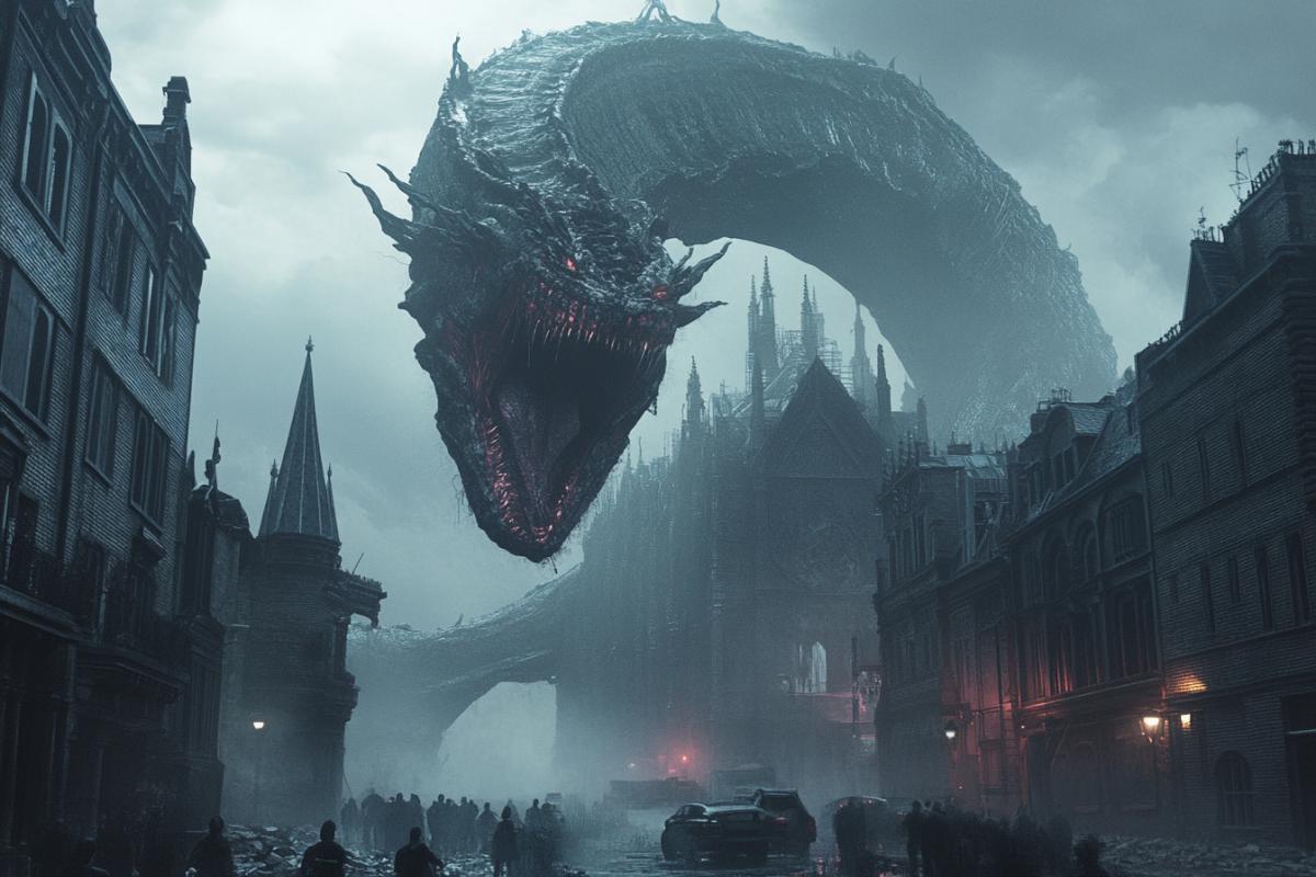 A colossal iridescent serpent, scales the size of cars, coiling around a crumbling Gothic cathedral, crushing spires. Tiny panicked crowds flee through fog-filled streets. Cinematic lighting, hyper-detailed, dramatic low angle shot, sense of immense scale and destruction.