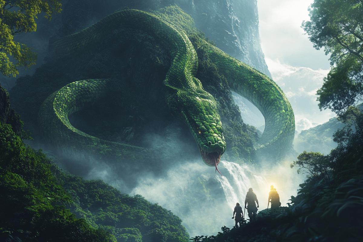 An enormous jade python, thicker than ancient sequoia trees, draped over a misty mountain peak in a primordial jungle. A group of awe-struck explorers in the foreground look up, illuminated by a single sunbeam. Epic scale, fantasy art, majestic and serene, hyper-realistic, vast landscape.